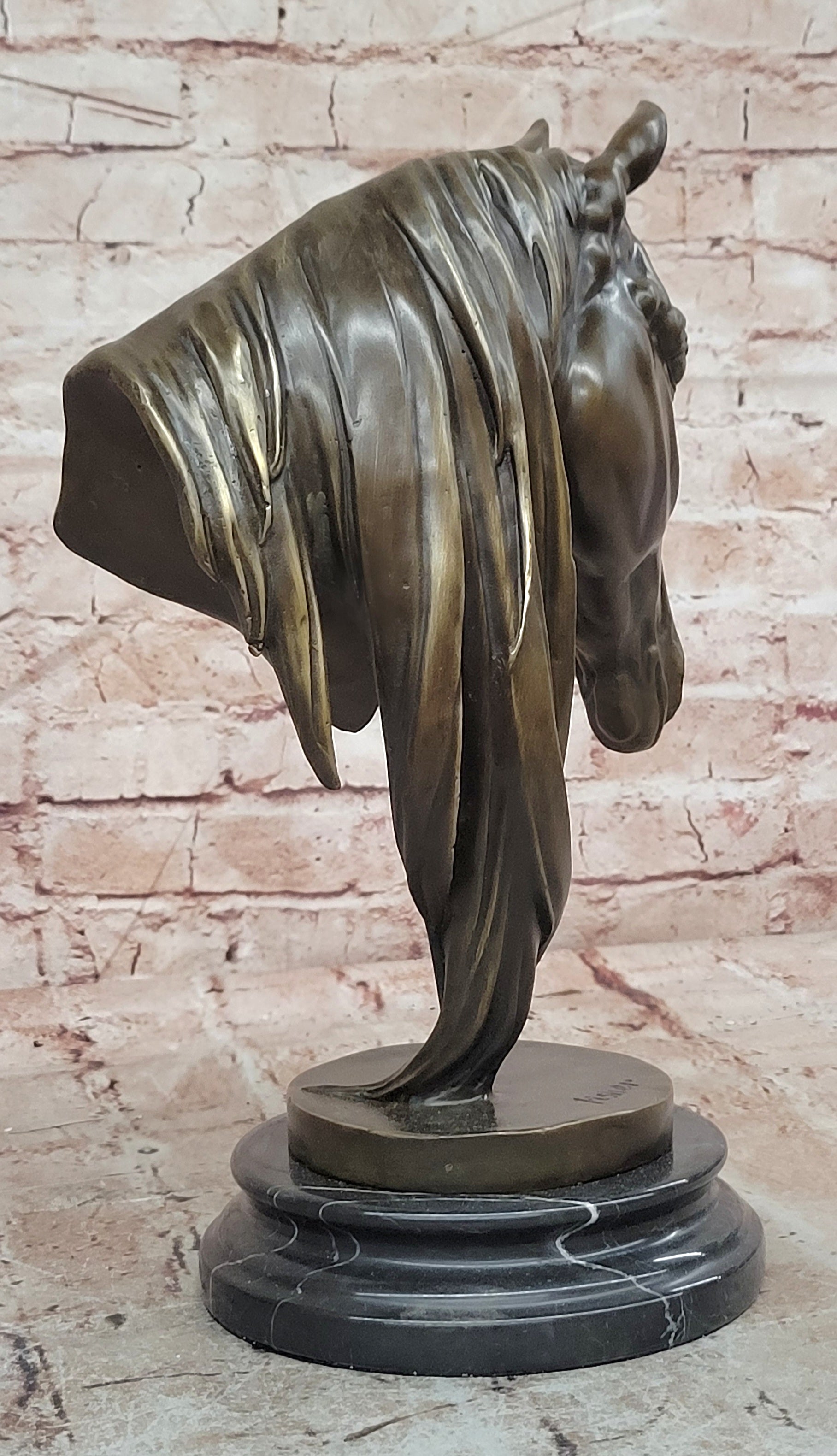 BEAUTIFUL PURE BRONZE MOUNTED HORSE STATUE BUST ART DECO MARBLE BASE SCULPTURE