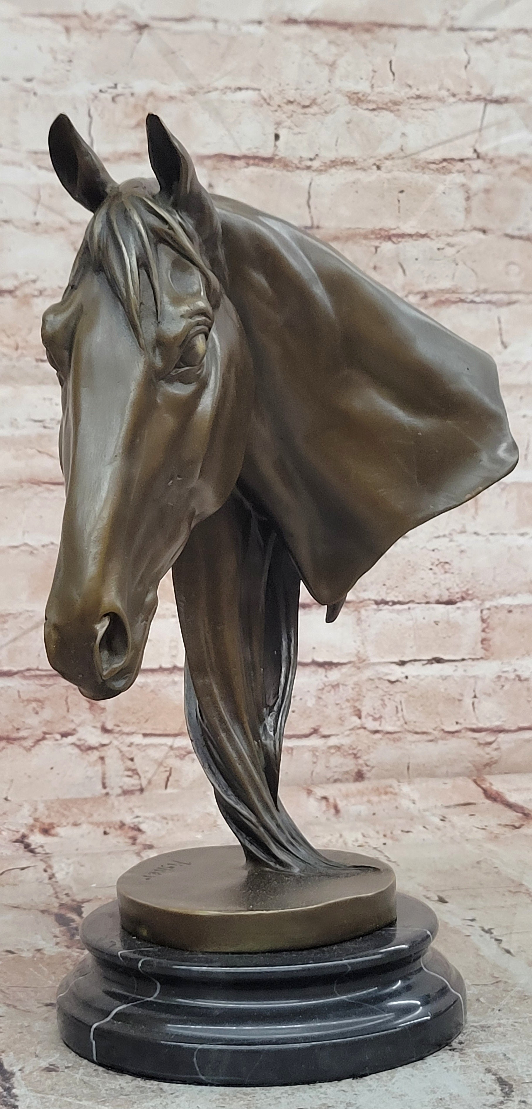 BEAUTIFUL PURE BRONZE MOUNTED HORSE STATUE BUST ART DECO MARBLE BASE SCULPTURE