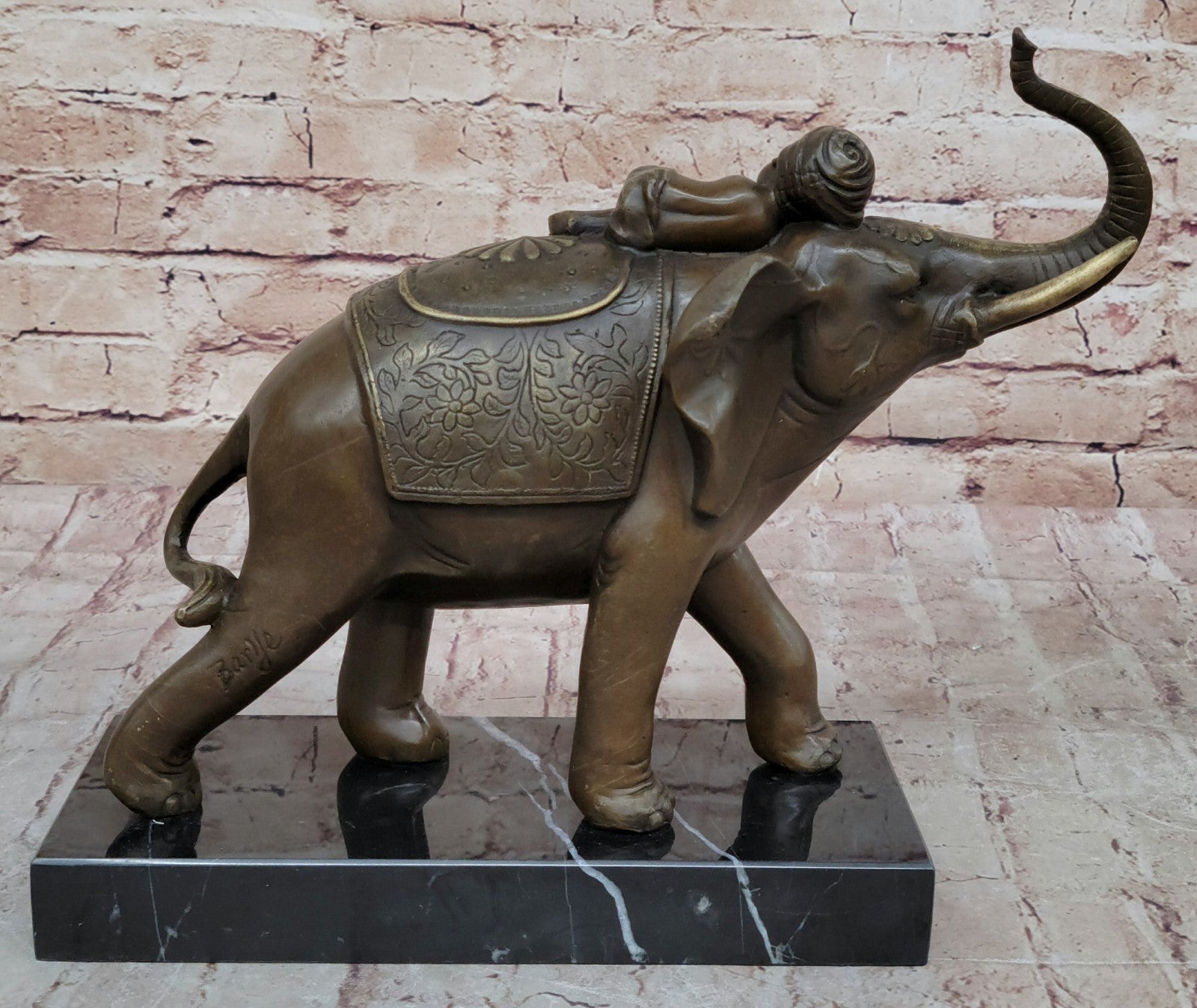 Genuine Bronze Statue: Barye Indian Boy Sleeping on Elephant Fine Art Sculpture Figure