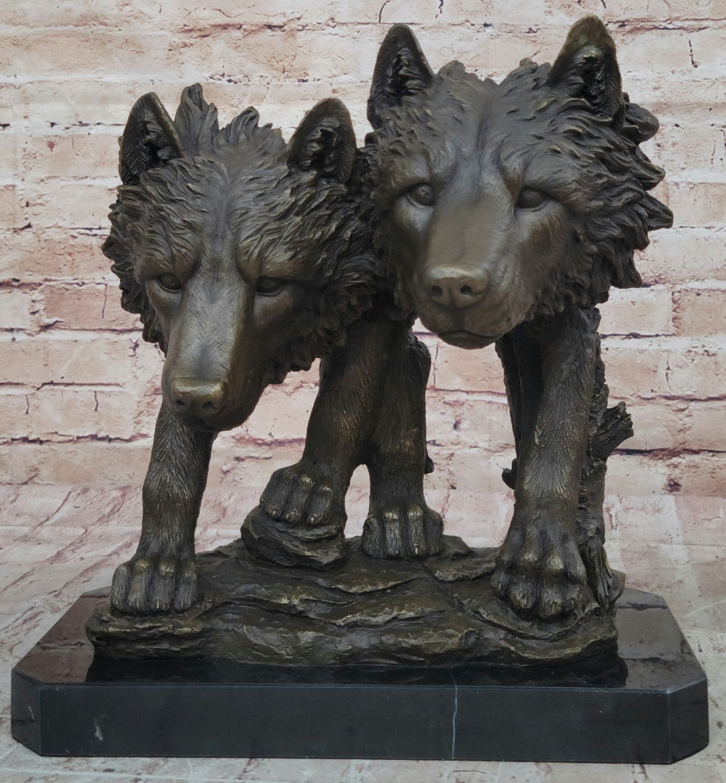 Collectible Bronze Figurine: Two Wolf Wolves Head Bust by Williams Decor