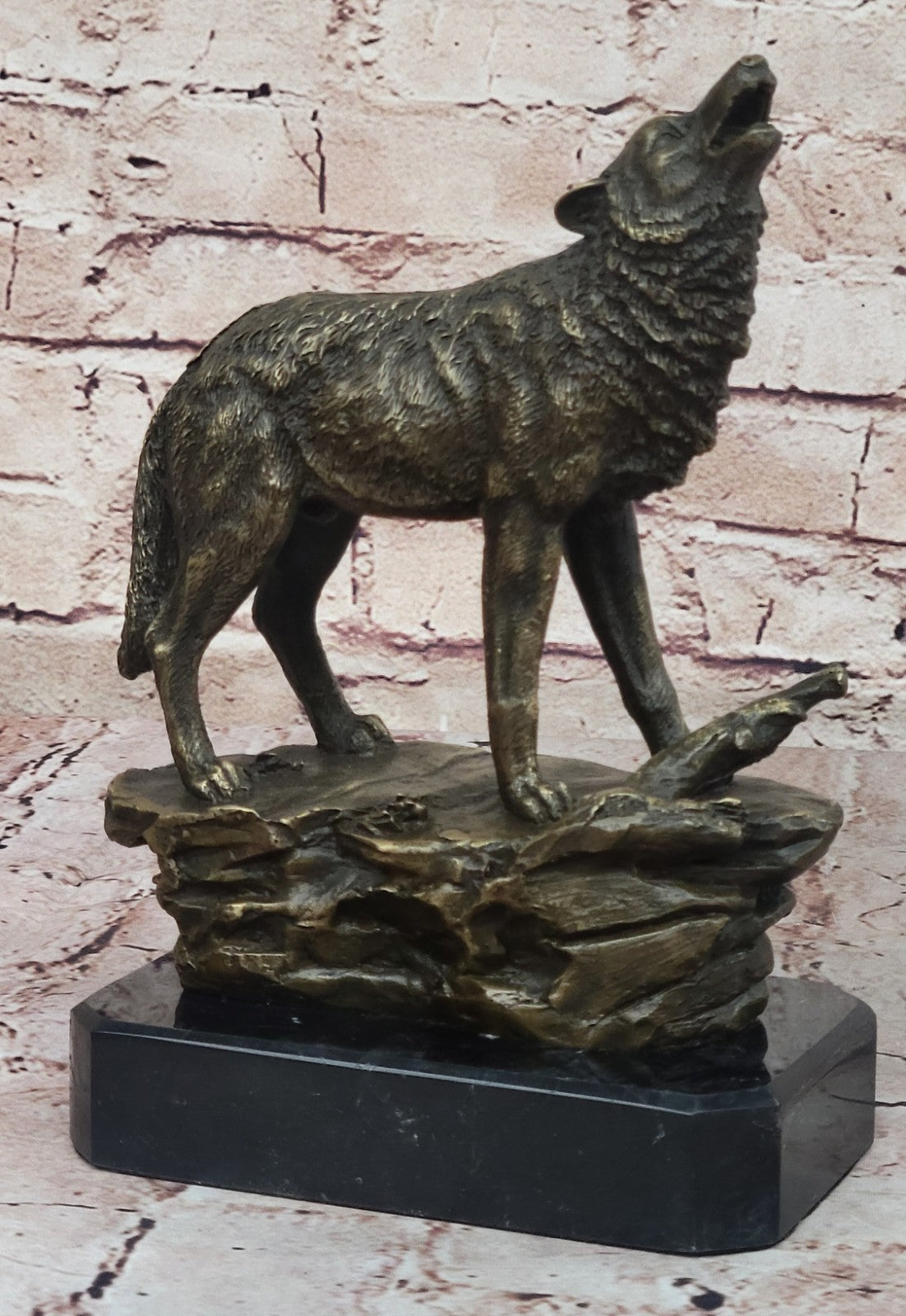 Vintage Patinated Bronze 7 LBS Figurine of a Wolf on Lookout Hot Cast Figurine