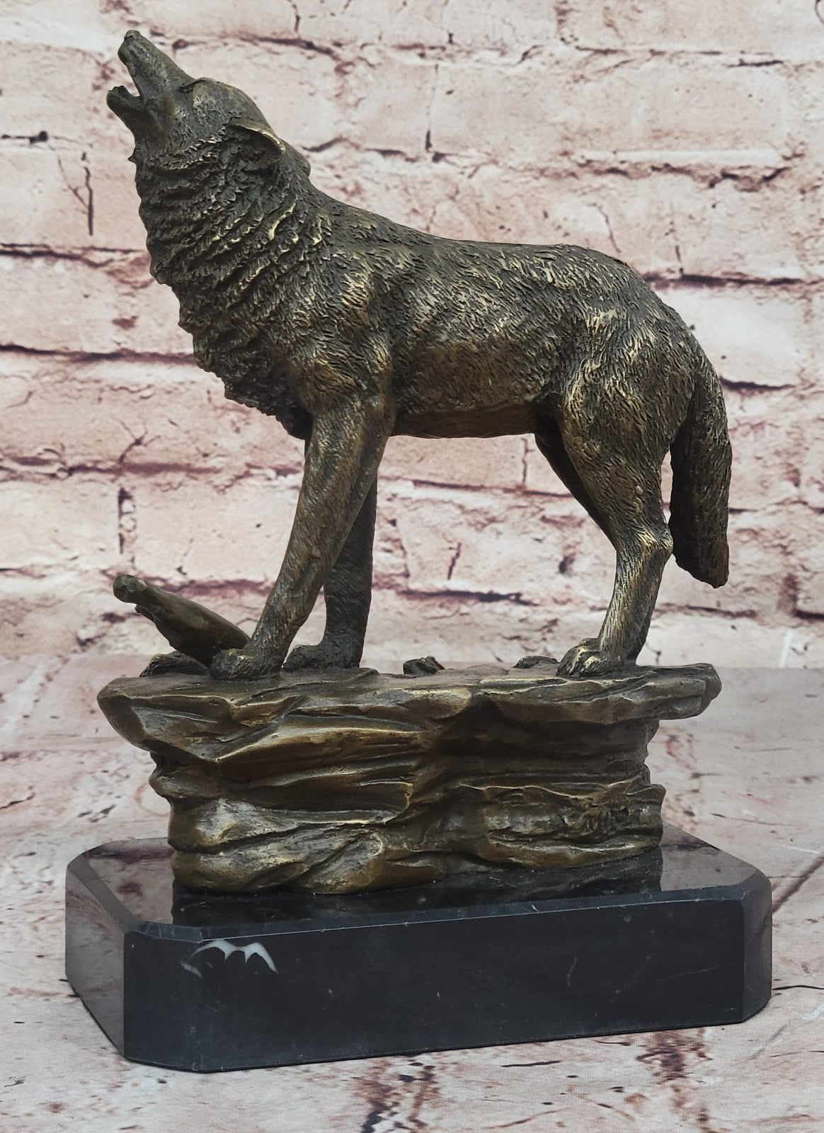 Vintage Patinated Bronze 7 LBS Figurine of a Wolf on Lookout Hot Cast Figurine