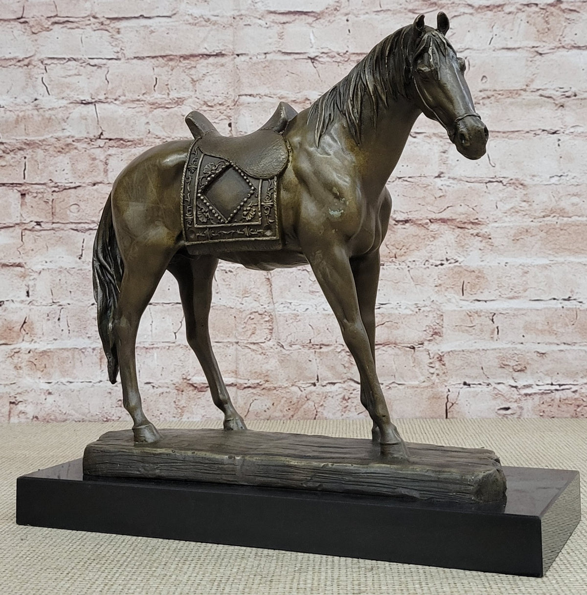 Handcrafted Work Horse Farm Bronze Sculpture Marble Base Figurine Figure