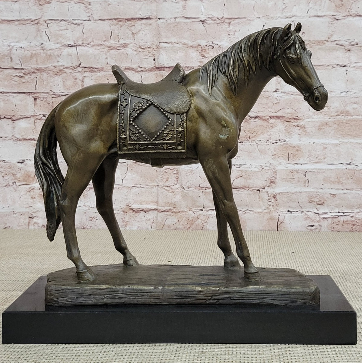 Handcrafted Work Horse Farm Bronze Sculpture Marble Base Figurine Figure