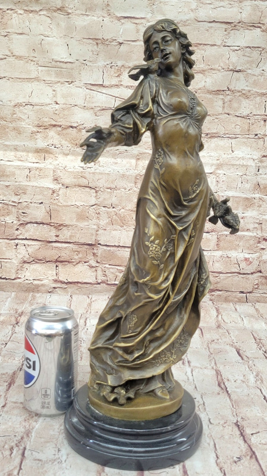 Original 100% Solid Bronze Sculpture Maiden Standing W/Dove Bird Art Deco Hotcast