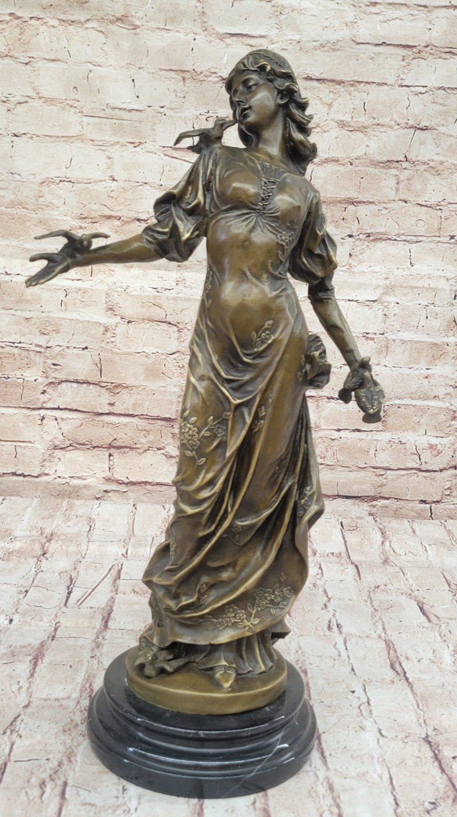 Original 100% Solid Bronze Sculpture Maiden Standing W/Dove Bird Art Deco Hotcast