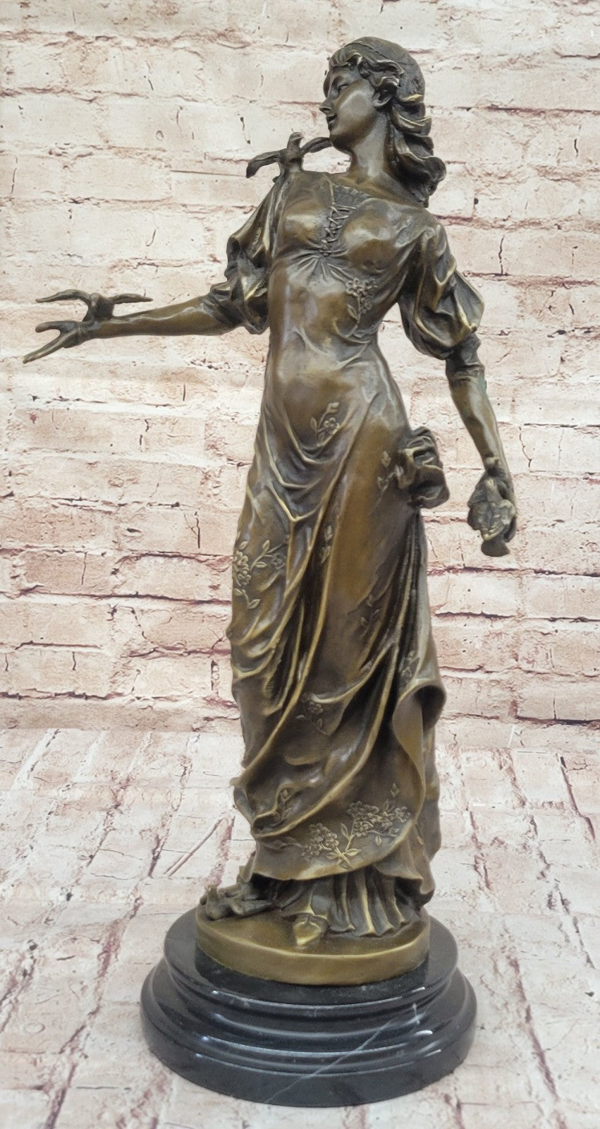 Original 100% Solid Bronze Sculpture Maiden Standing W/Dove Bird Art Deco Hotcast