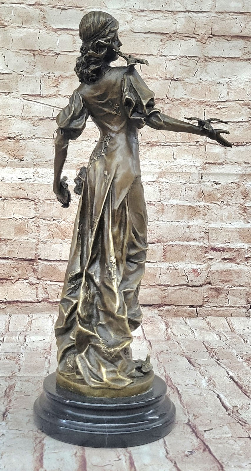 Original 100% Solid Bronze Sculpture Maiden Standing W/Dove Bird Art Deco Hotcast