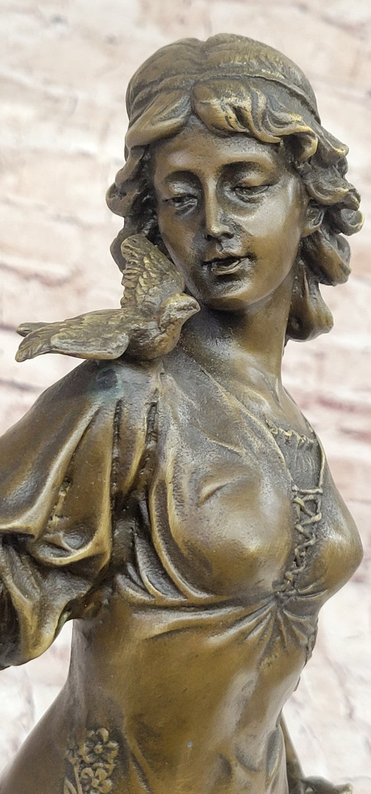 Original 100% Solid Bronze Sculpture Maiden Standing W/Dove Bird Art Deco Hotcast