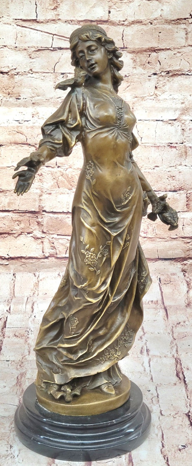Original 100% Solid Bronze Sculpture Maiden Standing W/Dove Bird Art Deco Hotcast