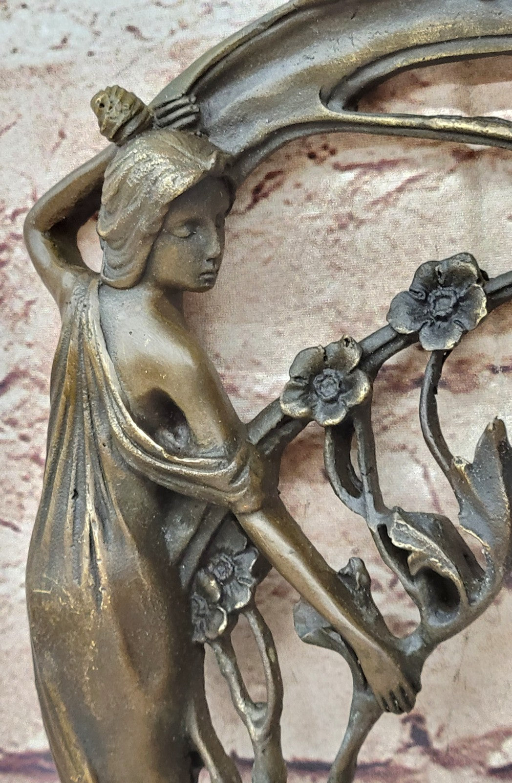 Intricate Handmade Bronze Figurine of Woman and Flower Bas Relief Art by Milo