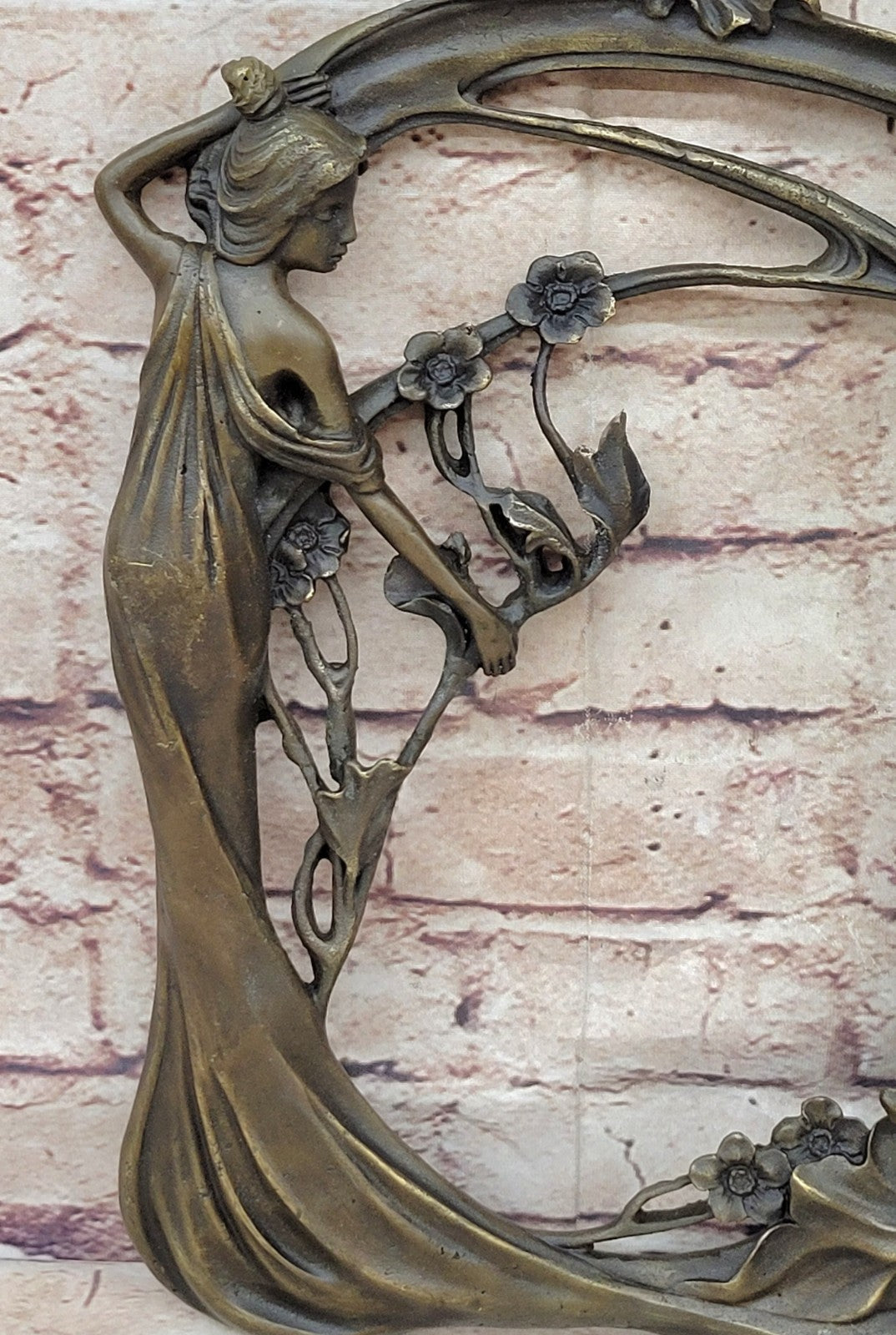 Intricate Handmade Bronze Figurine of Woman and Flower Bas Relief Art by Milo
