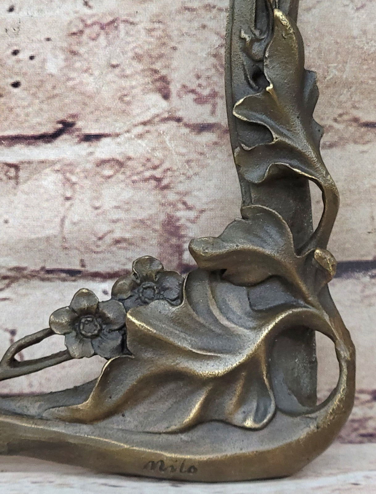 Intricate Handmade Bronze Figurine of Woman and Flower Bas Relief Art by Milo