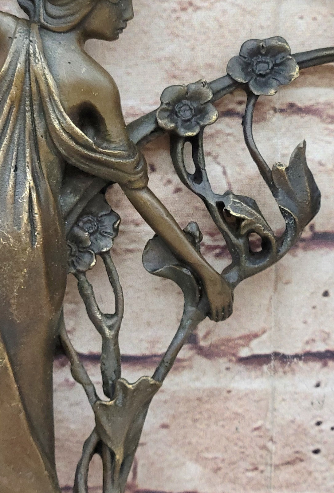 Intricate Handmade Bronze Figurine of Woman and Flower Bas Relief Art by Milo