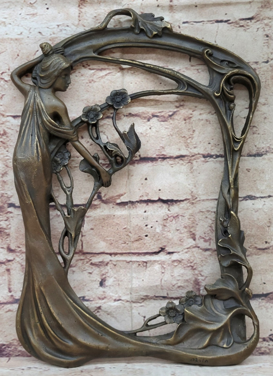 Intricate Handmade Bronze Figurine of Woman and Flower Bas Relief Art by Milo