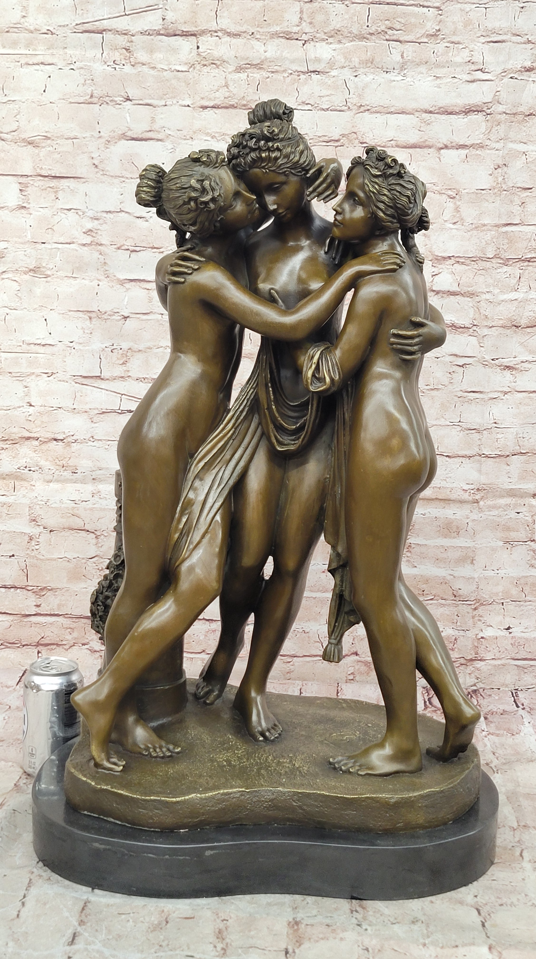THREE GRACES / 100% SOLID BRONZE DARK PATINA NUDES STATUE SIGNED CLASSIC ARTWORK