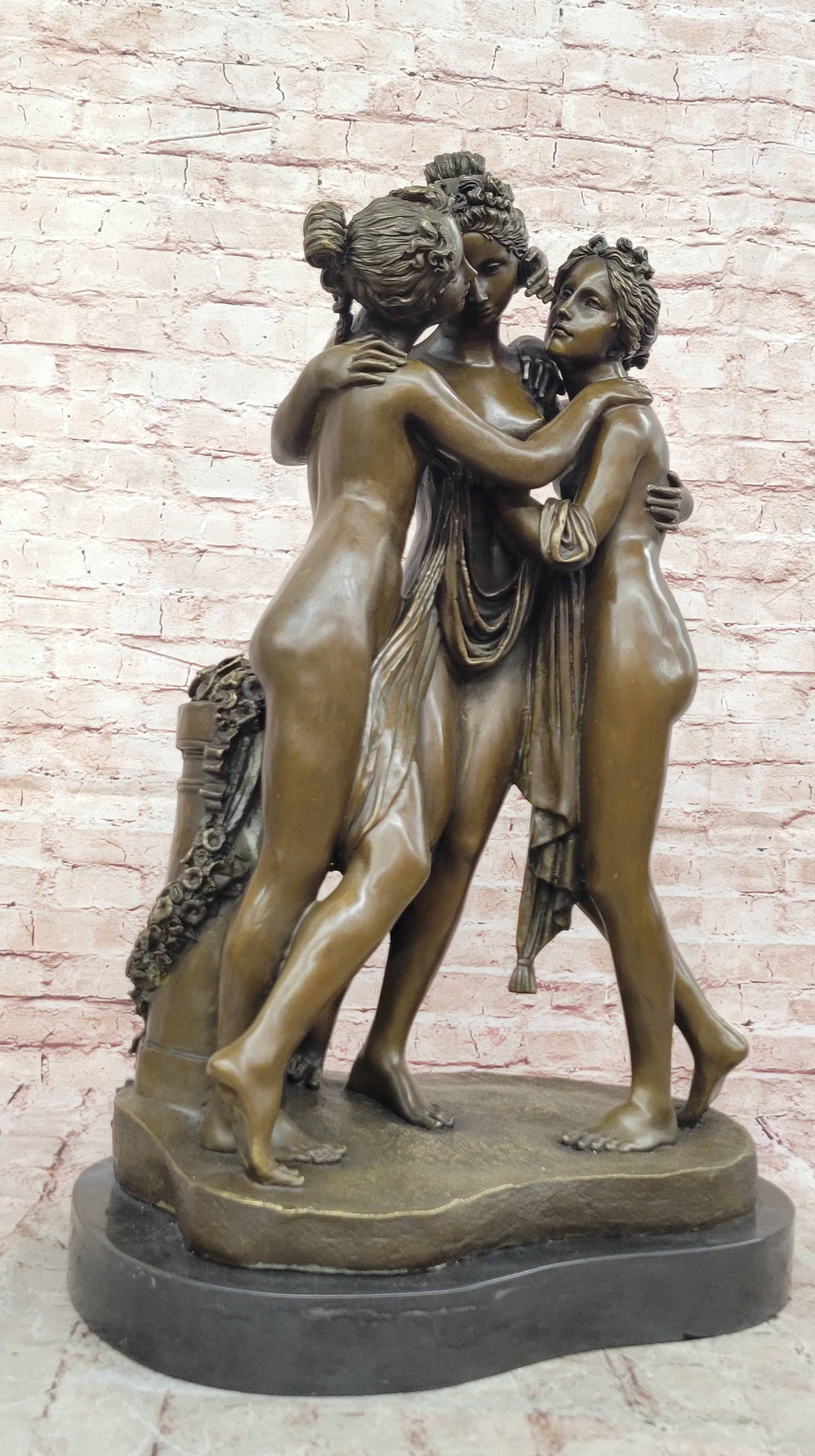 THREE GRACES / 100% SOLID BRONZE DARK PATINA NUDES STATUE SIGNED CLASSIC ARTWORK