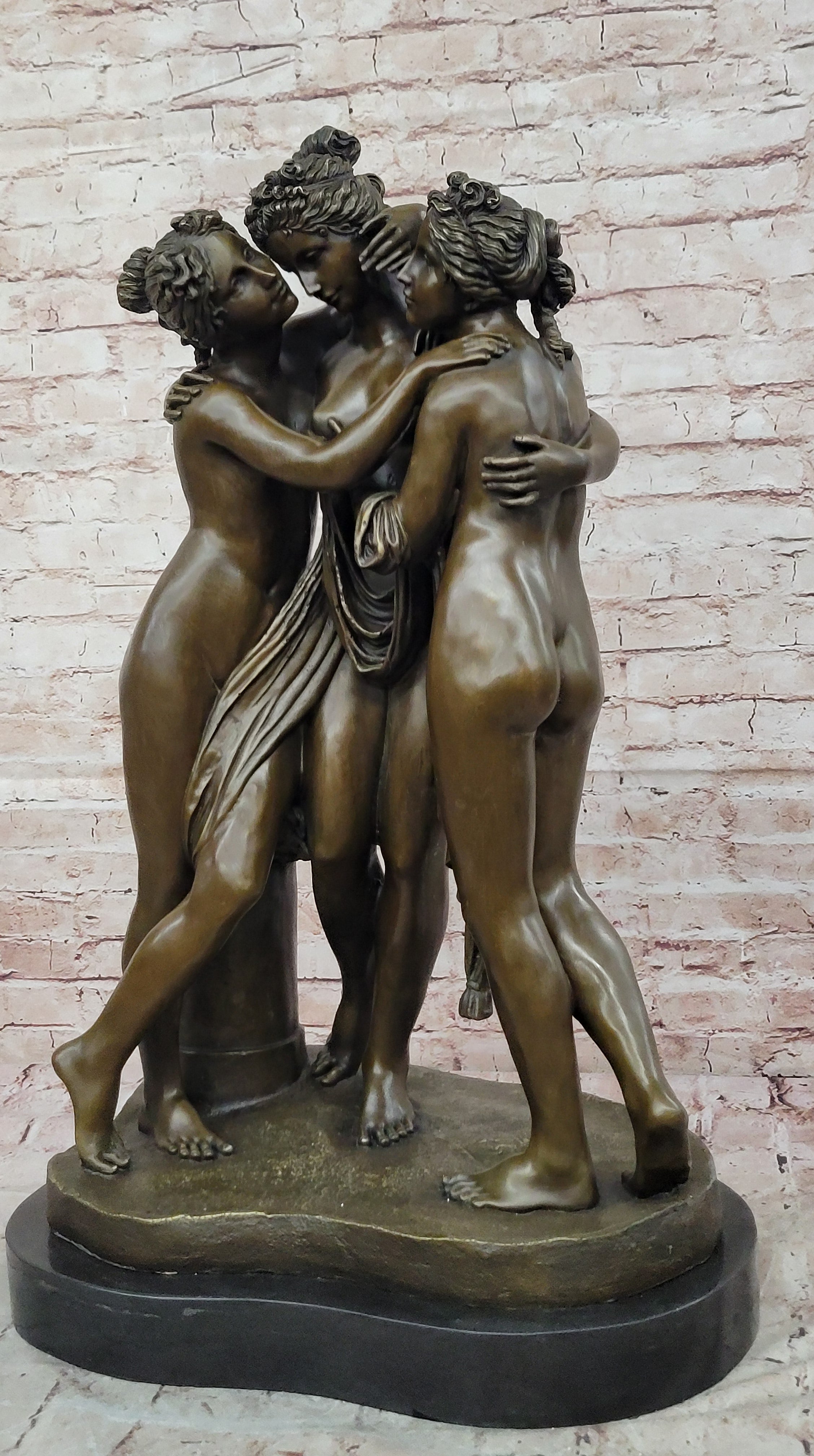 THREE GRACES / 100% SOLID BRONZE DARK PATINA NUDES STATUE SIGNED CLASSIC ARTWORK