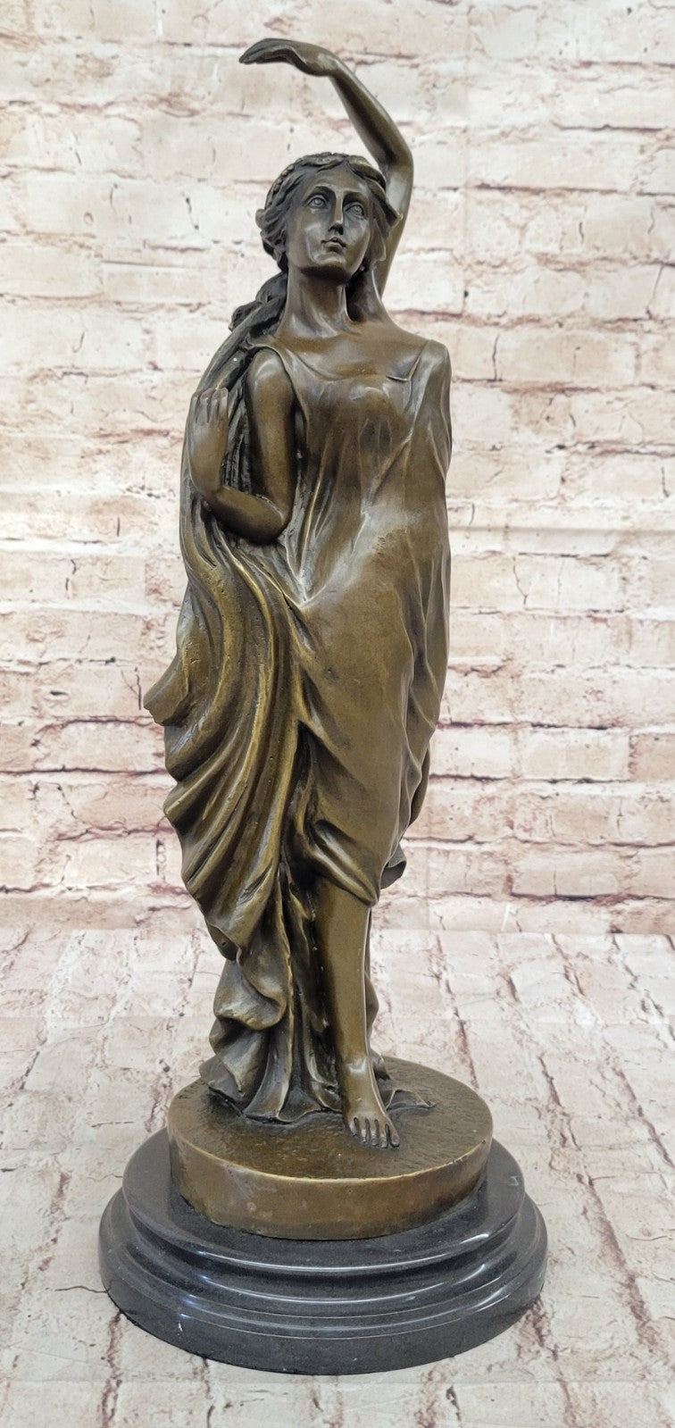 French Artist`s Seductive Beauty: Handmade Bronze Statue Sculpture on Round Marble