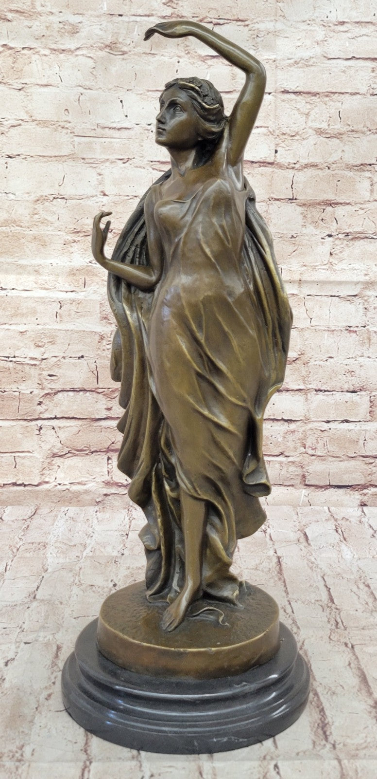 French Artist`s Seductive Beauty: Handmade Bronze Statue Sculpture on Round Marble