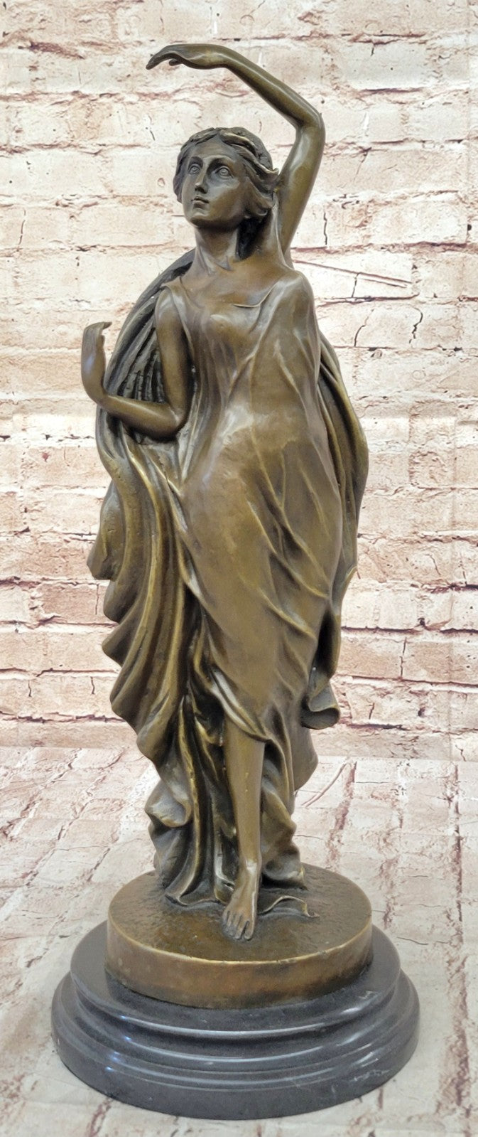 French Artist`s Seductive Beauty: Handmade Bronze Statue Sculpture on Round Marble