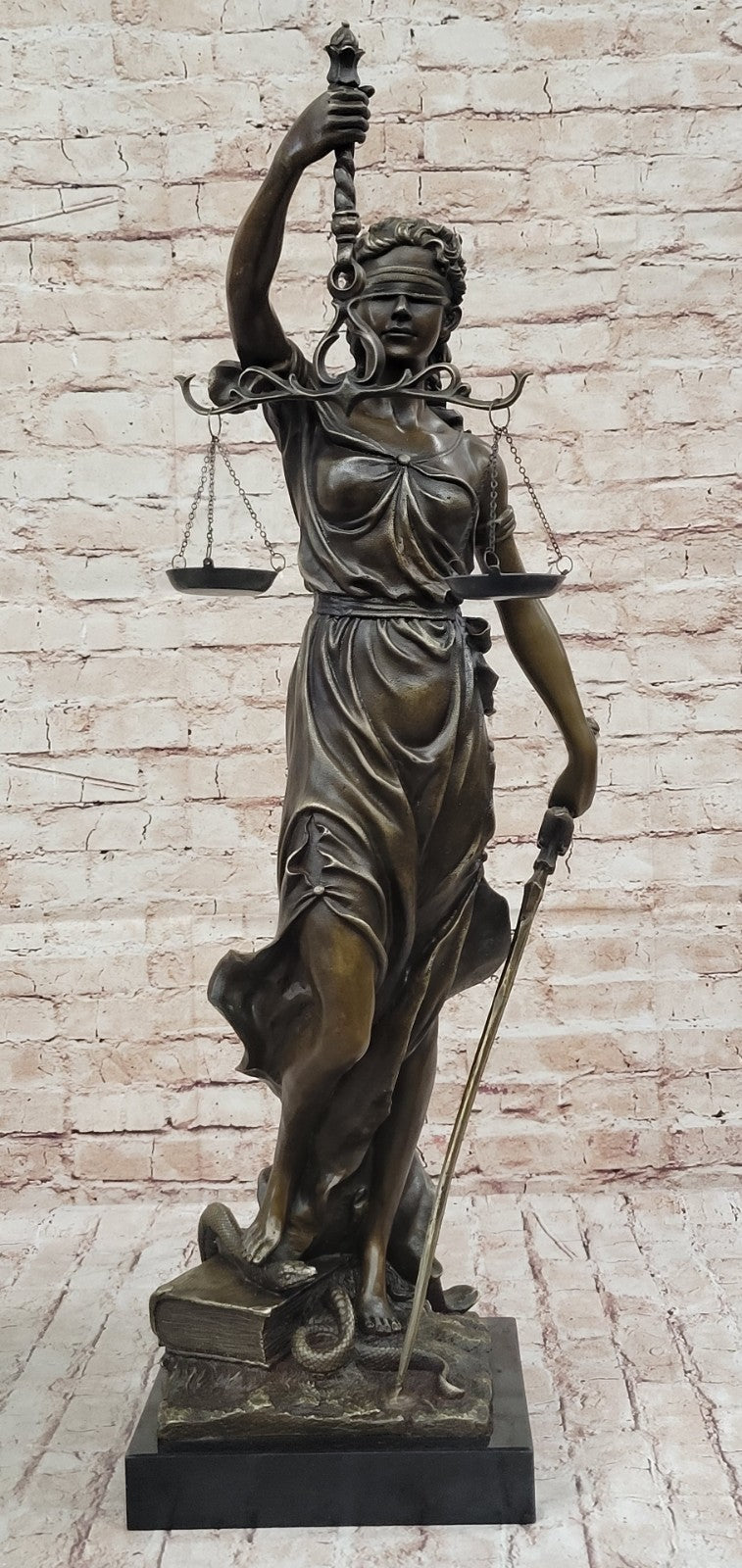 30" Tall BRONZE BLIND JUSTICE LAW MARBLE STATUE LADY SCALE Sculpture Nouveau Art