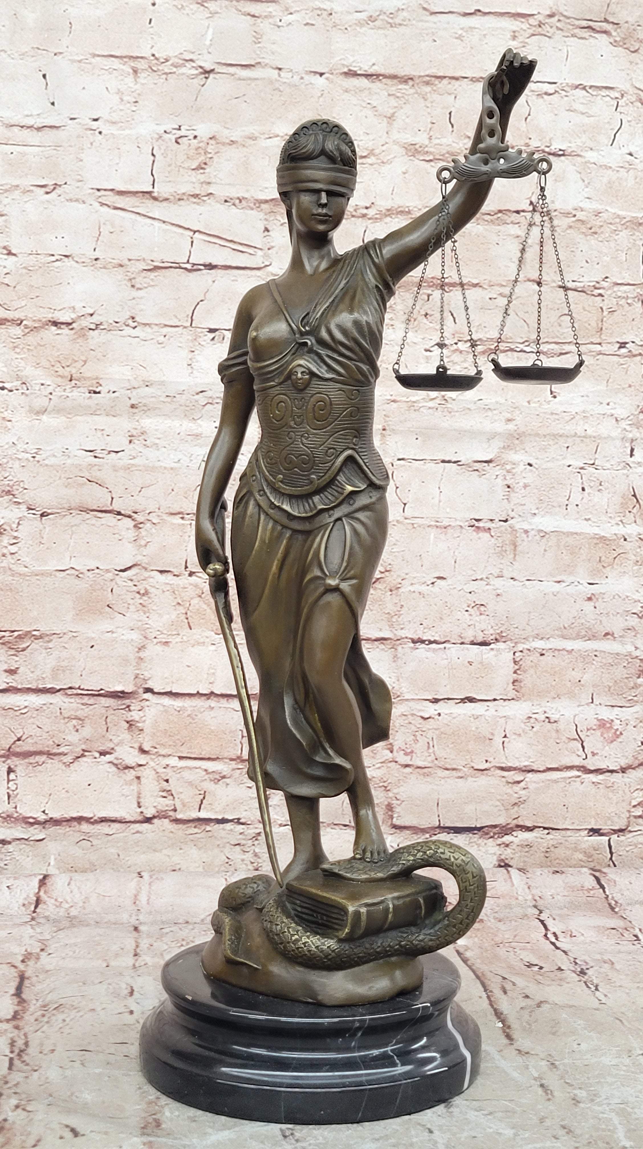 18" Tall BRONZE BLIND JUSTICE LAW MARBLE STATUE LADY SCALE Sculpture Nude