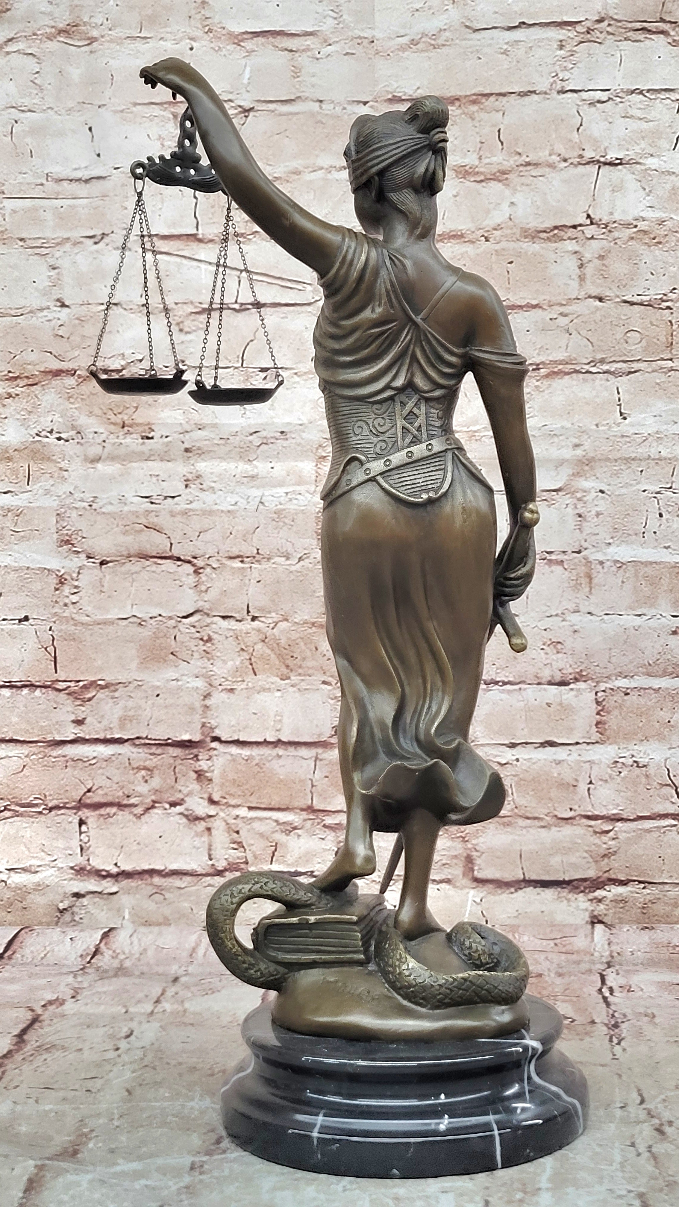 18" Tall BRONZE BLIND JUSTICE LAW MARBLE STATUE LADY SCALE Sculpture Nude