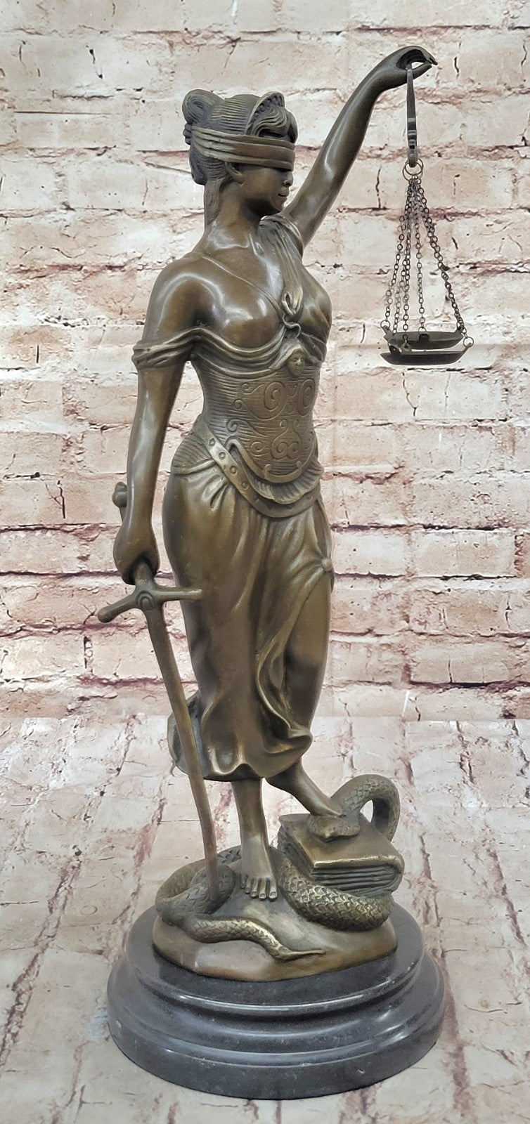18" Tall BRONZE BLIND JUSTICE LAW MARBLE STATUE LADY SCALE Sculpture Nude