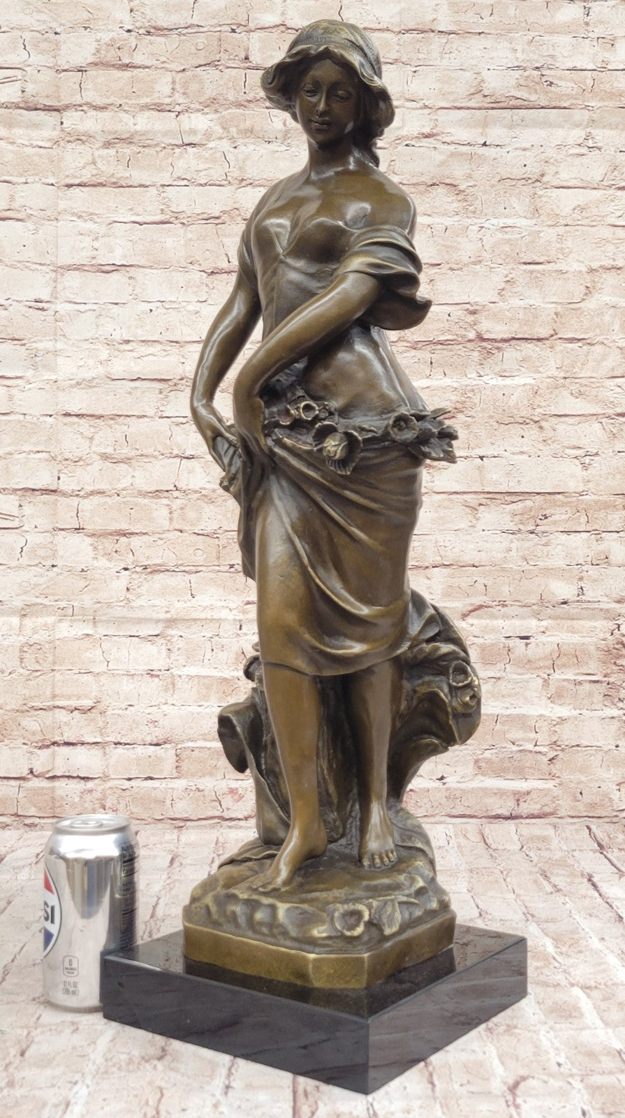 Rare Bronze Metal / Marble Statue Classic Victorian Woman Girl Flower Sculpture