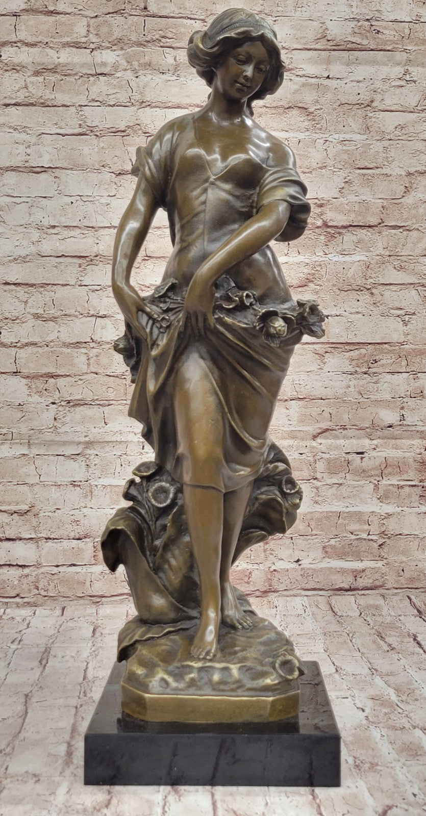 Rare Bronze Metal / Marble Statue Classic Victorian Woman Girl Flower Sculpture