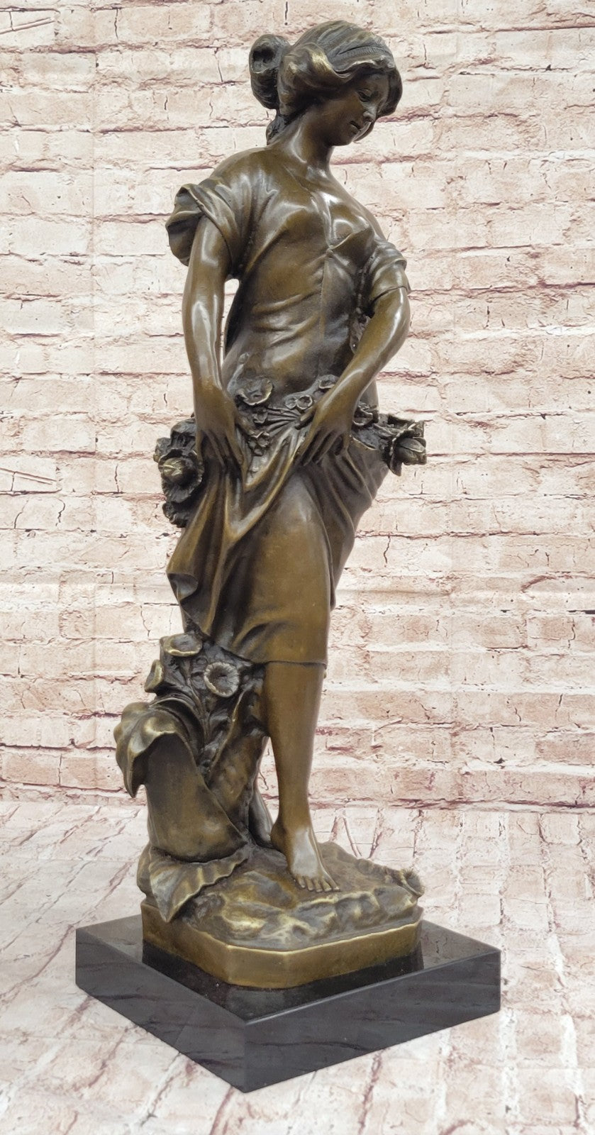 Rare Bronze Metal / Marble Statue Classic Victorian Woman Girl Flower Sculpture