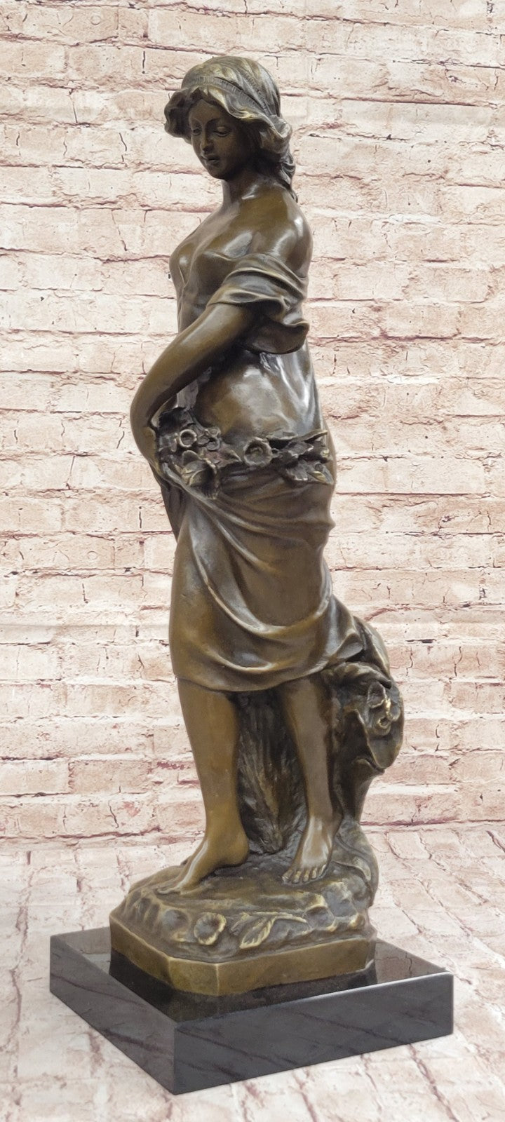 Rare Bronze Metal / Marble Statue Classic Victorian Woman Girl Flower Sculpture