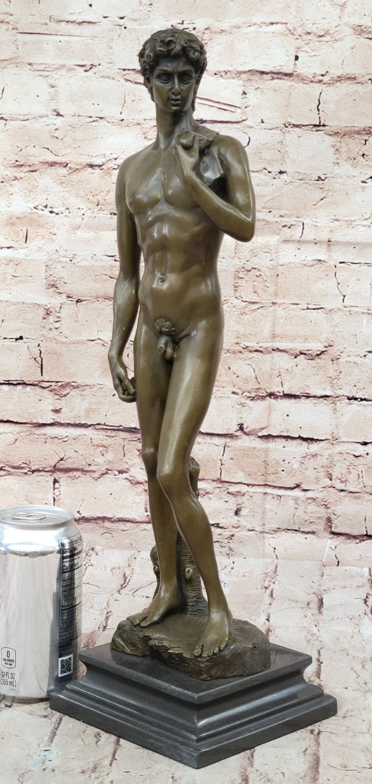 SIGNED BRONZE STATUE NUDE DAVID MYTHOLOGY SCULPTURE ON MARBLE BASE