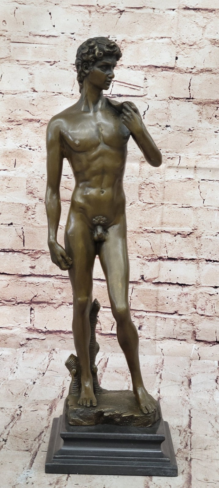 SIGNED BRONZE STATUE NUDE DAVID MYTHOLOGY SCULPTURE ON MARBLE BASE