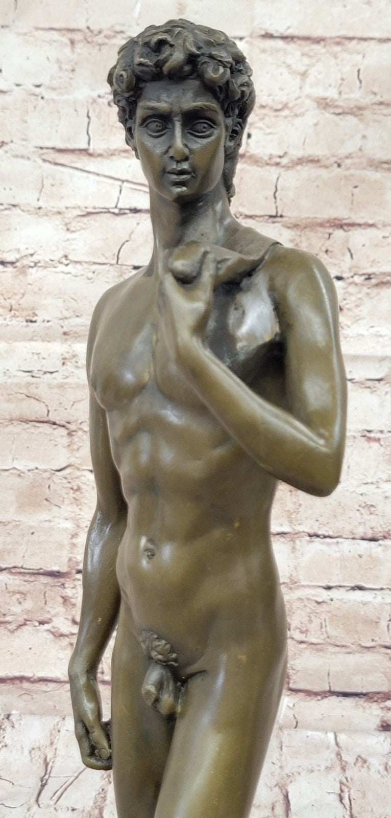 SIGNED BRONZE STATUE NUDE DAVID MYTHOLOGY SCULPTURE ON MARBLE BASE
