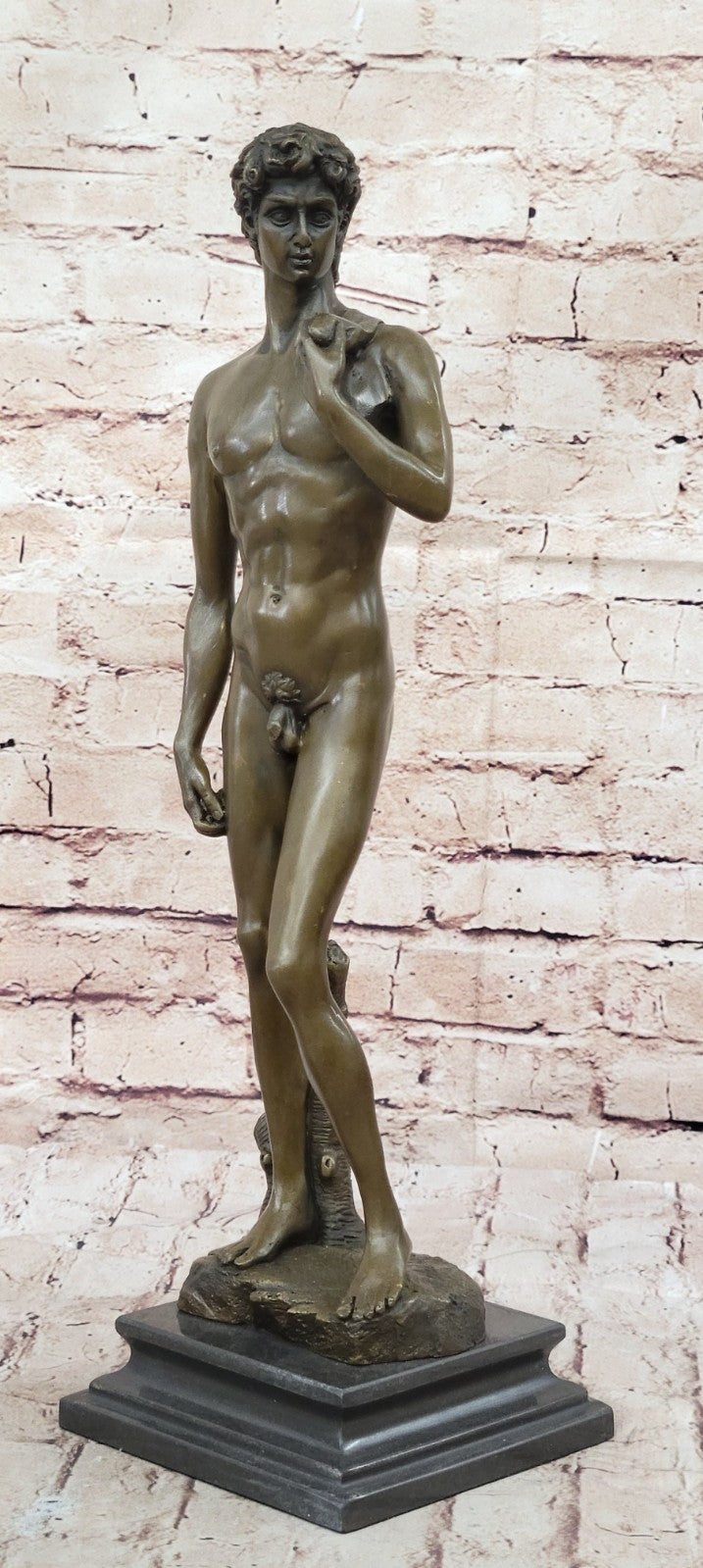 SIGNED BRONZE STATUE NUDE DAVID MYTHOLOGY SCULPTURE ON MARBLE BASE