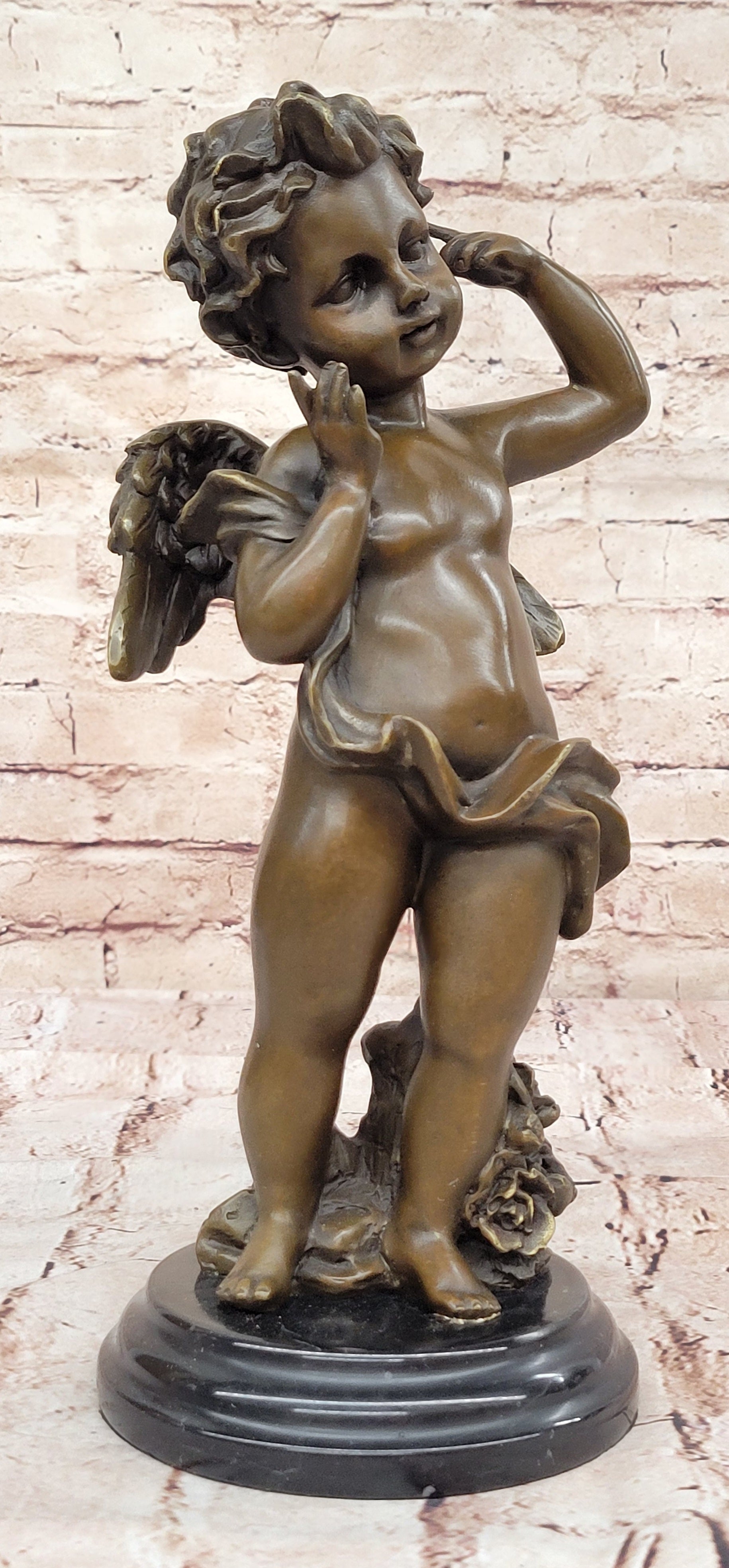 Rare Bronze Cupid Cherub Signed Statue Marble Base Eros Moreau Fast Shipping !!