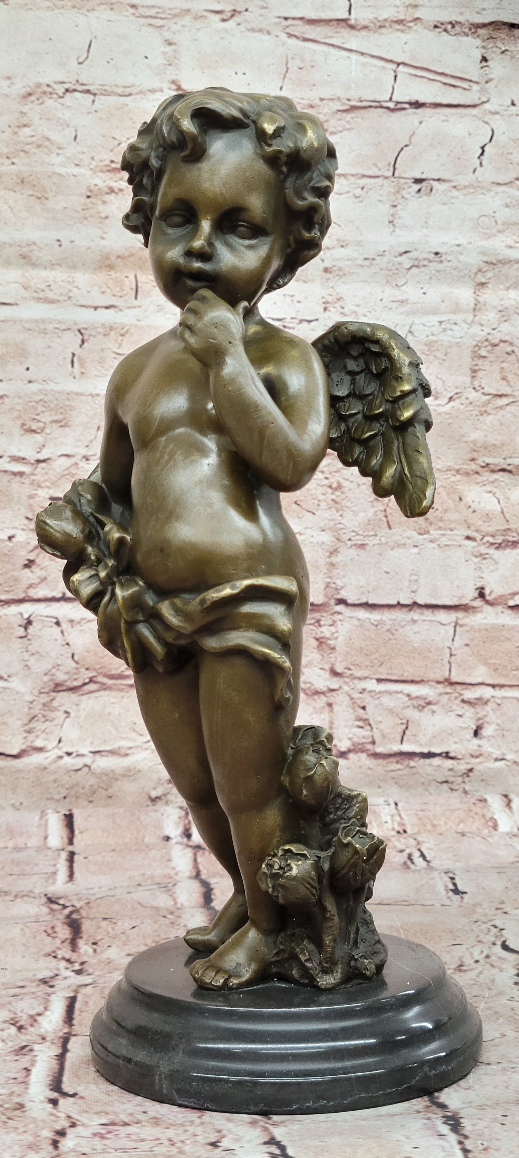 French Putti Cherub Gilt Bronze with Wings/Gift Nouveau Lost Wax Figurine Figure