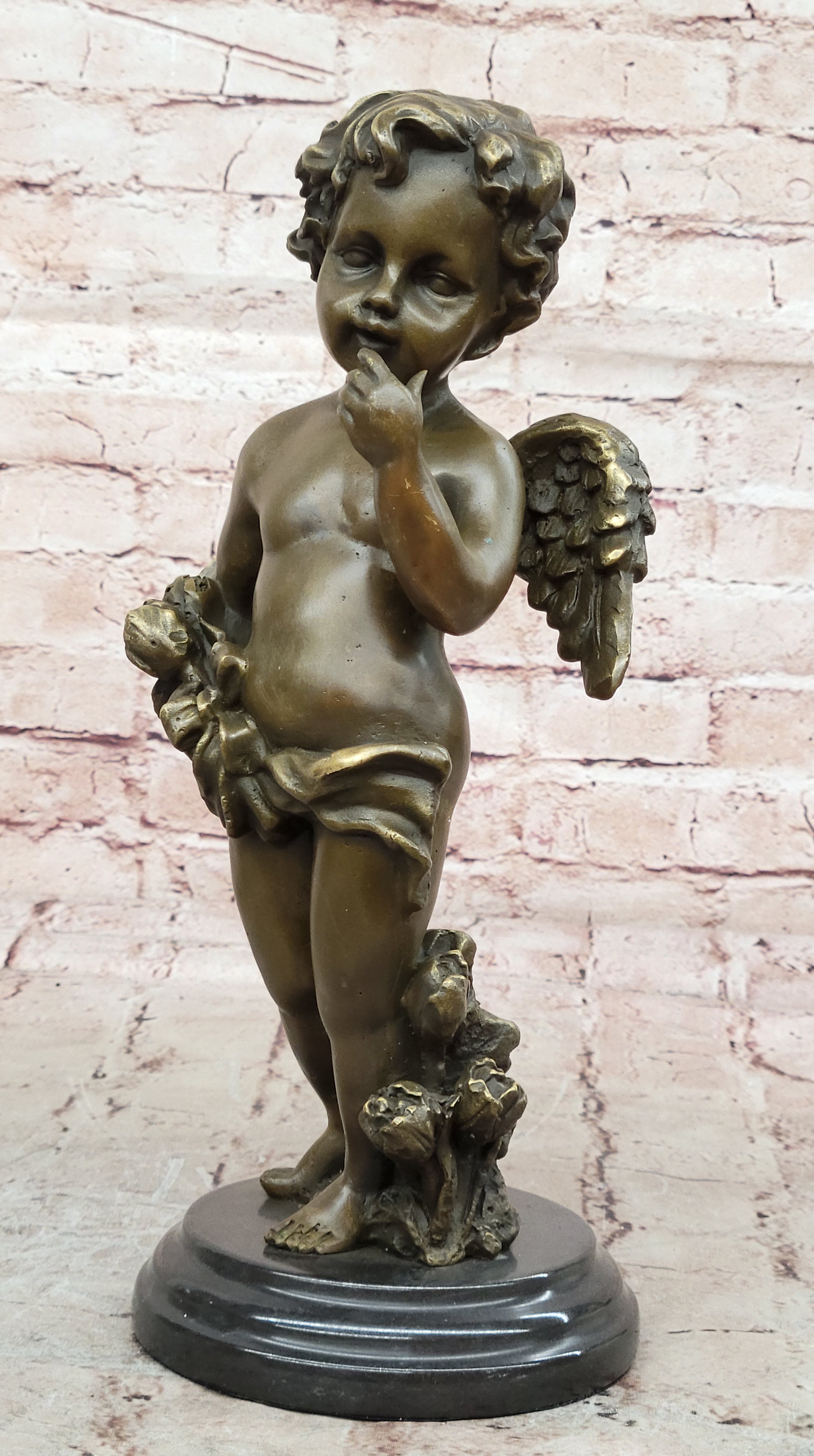 French Putti Cherub Gilt Bronze with Wings/Gift Nouveau Lost Wax Figurine Figure