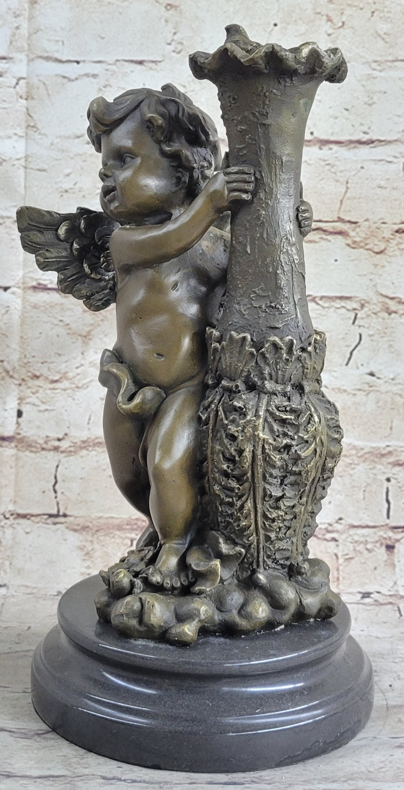 VINTAGE BRONZE PARLOR STATUE 12" STANDING CHERUB, PUTTI, CHILD GIFT