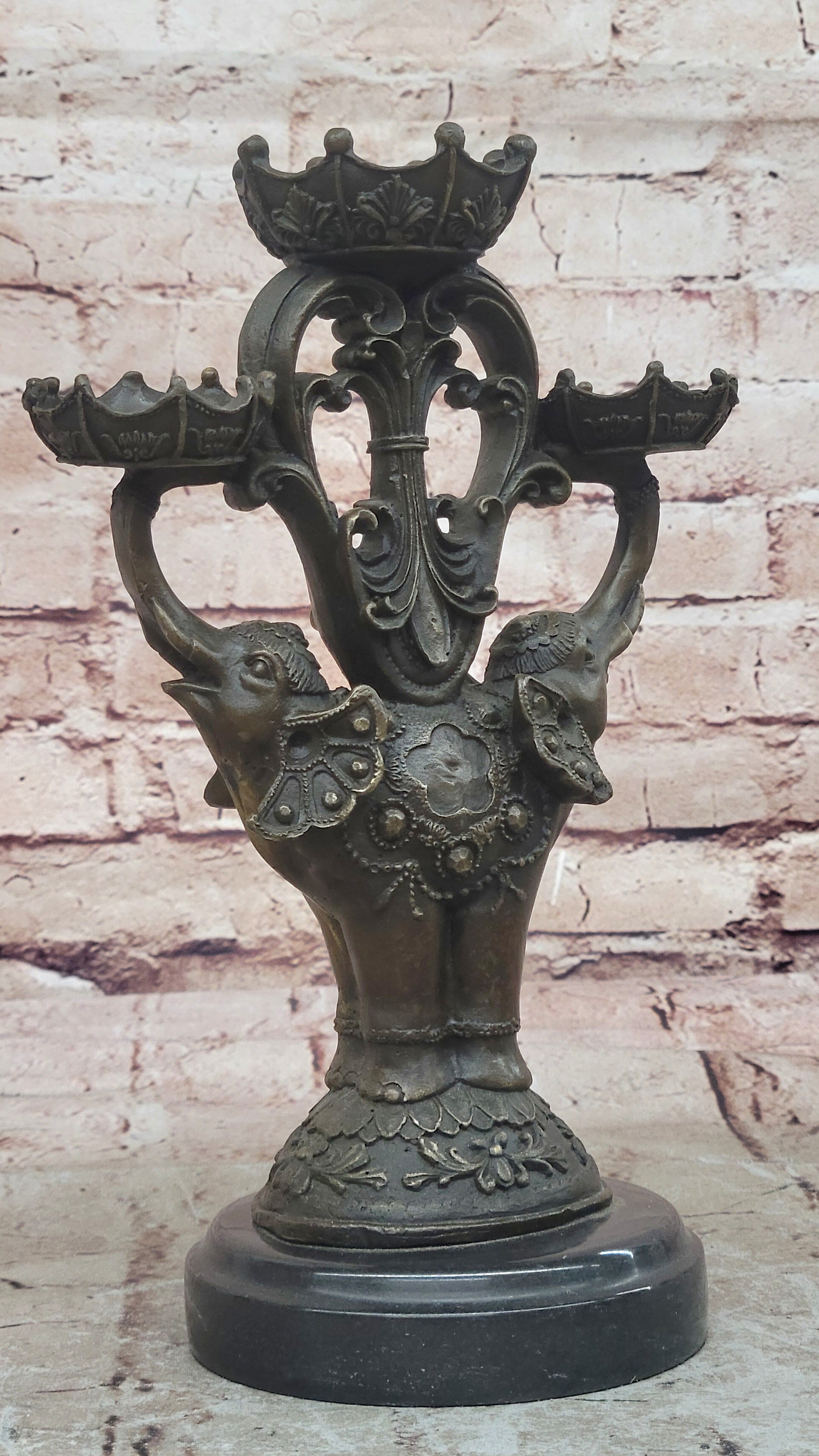 Two Headed Elephant Candle Holder Bronze Sculpture Marble Statue Figurine Figure