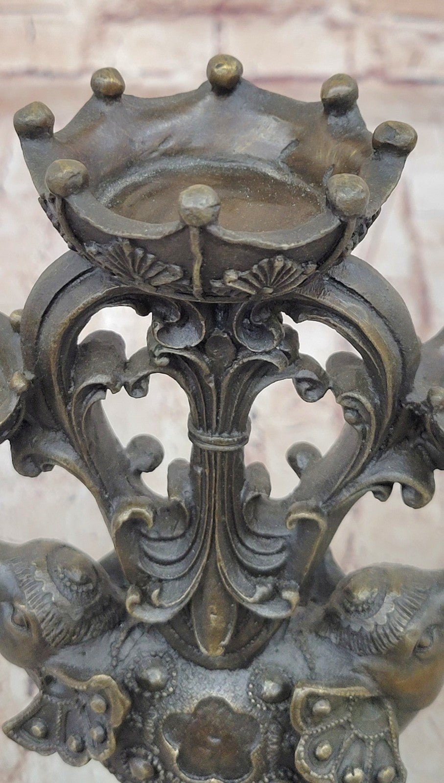 Two Headed Elephant Candle Holder Bronze Sculpture Marble Statue Figurine Figure