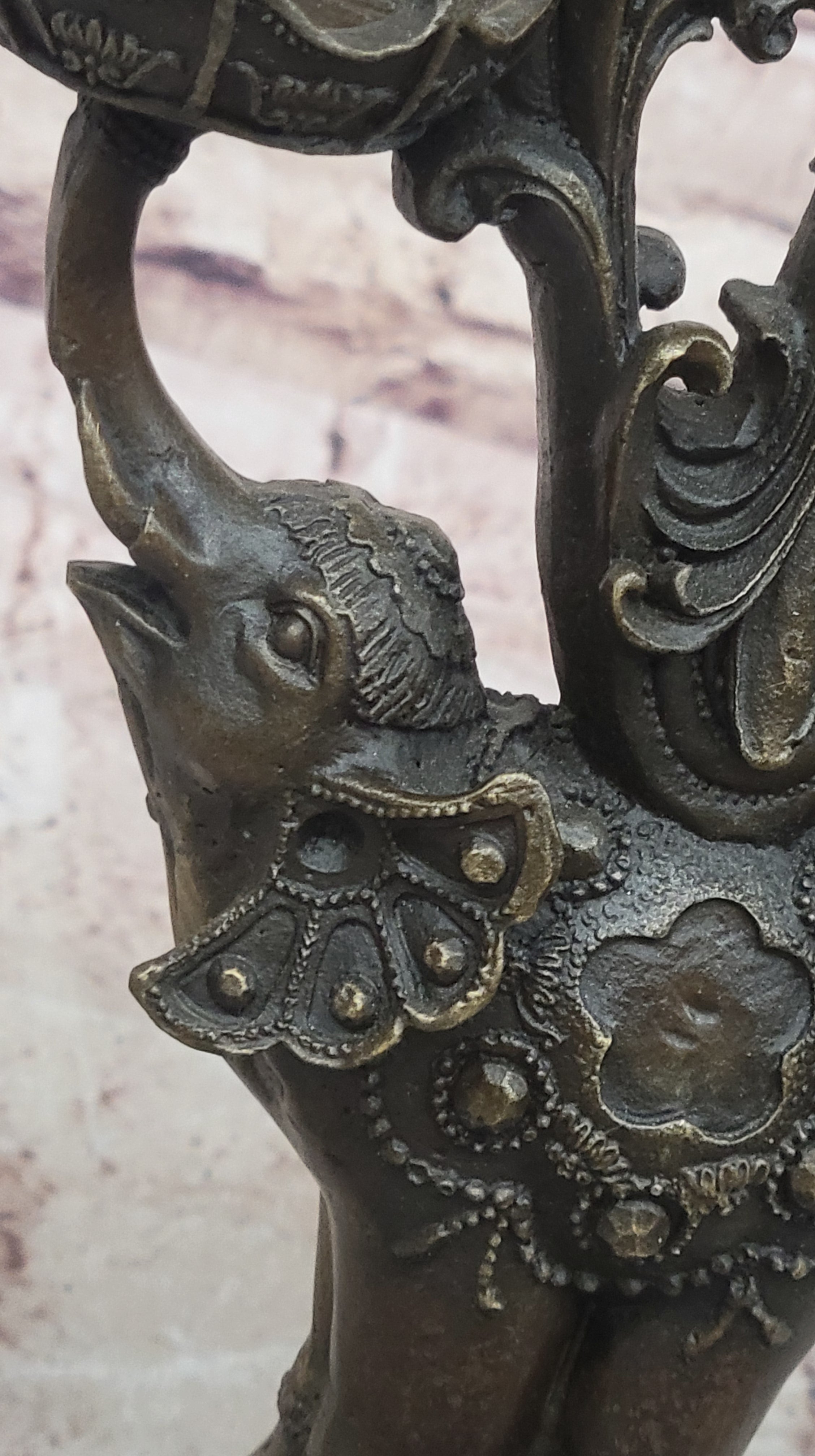 Two Headed Elephant Candle Holder Bronze Sculpture Marble Statue Figurine Figure