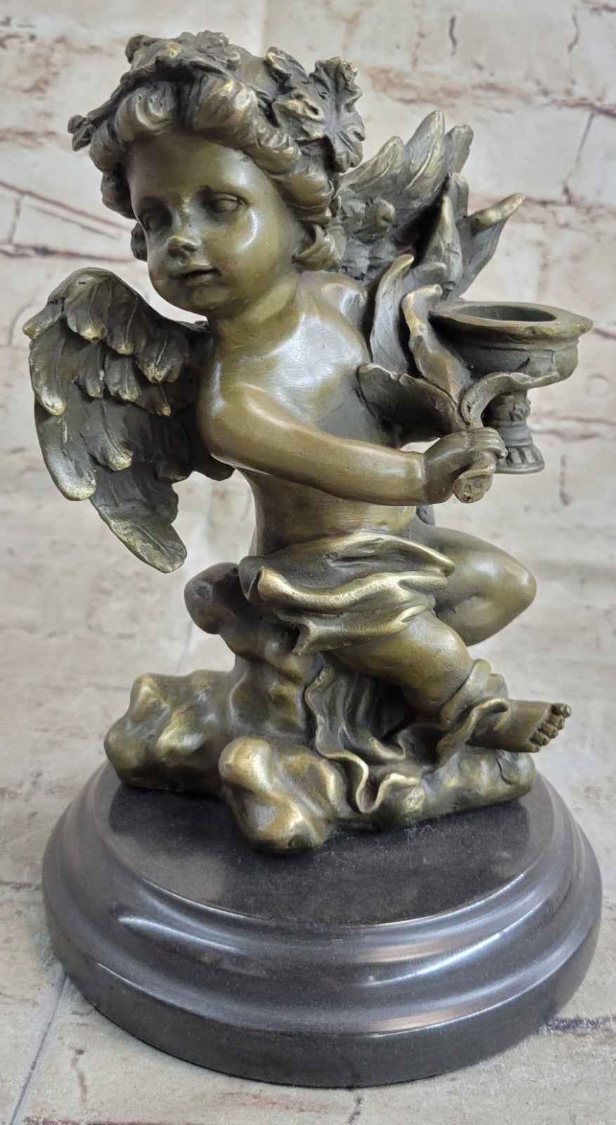 BRONZE CANDLE HOLDER ANGEL FIGURINE - STATUE W/ MARBLE BASE HOT CAST FIGURE GIFT
