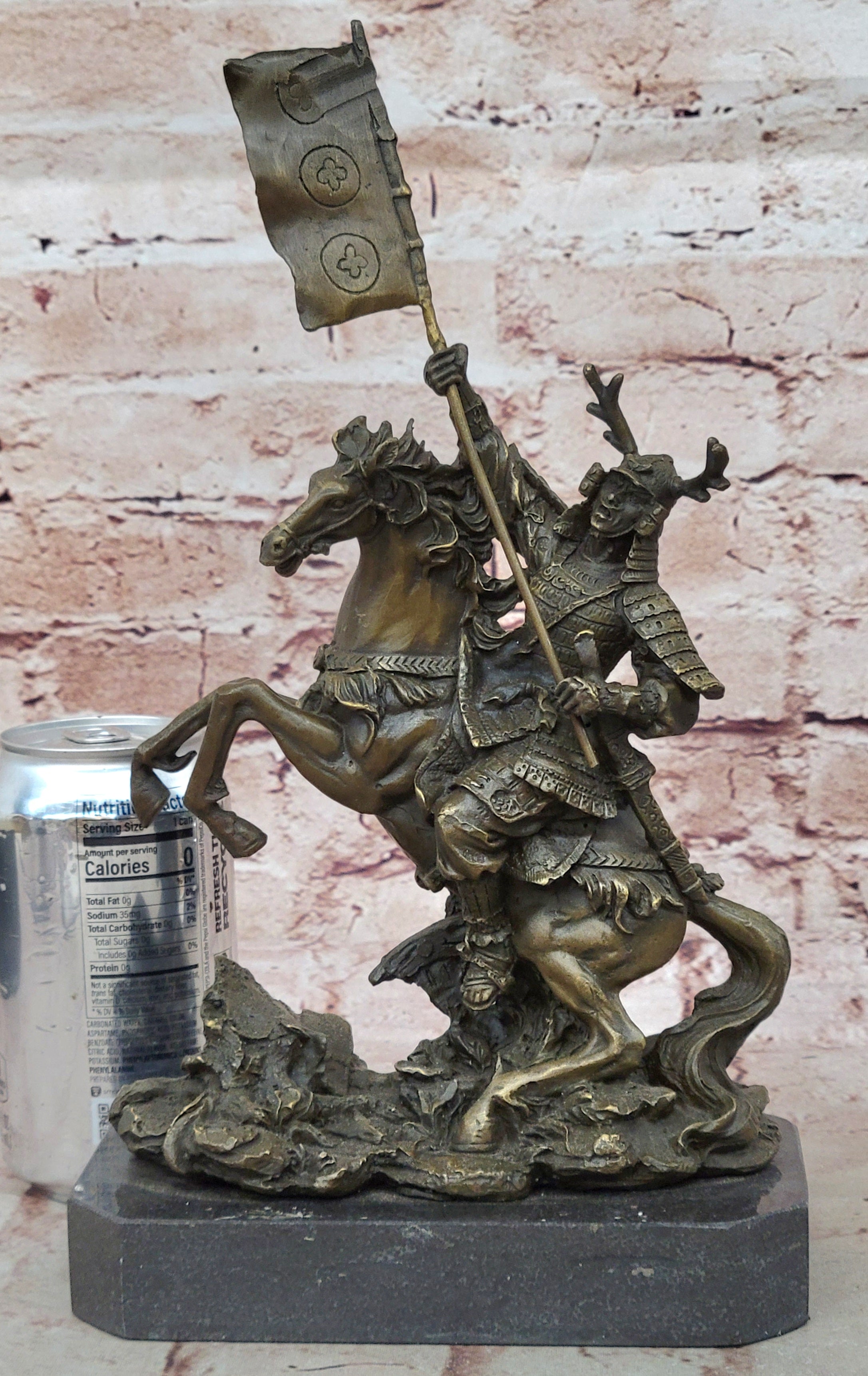 Hot Cast Viking Warrior on Horse with a Flag Bronze Sculpture Statue Figurine