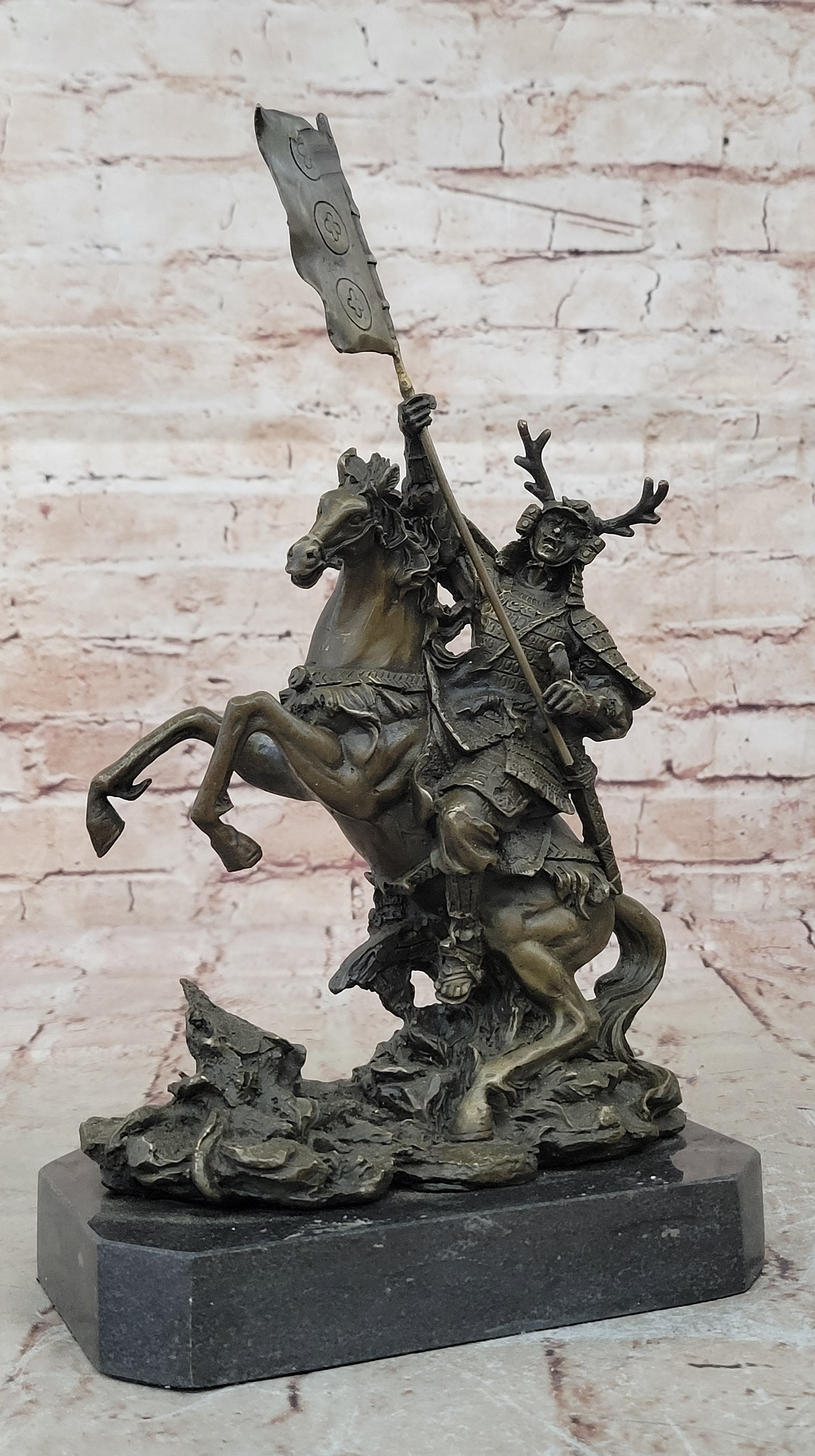 Hot Cast Viking Warrior on Horse with a Flag Bronze Sculpture Statue Figurine