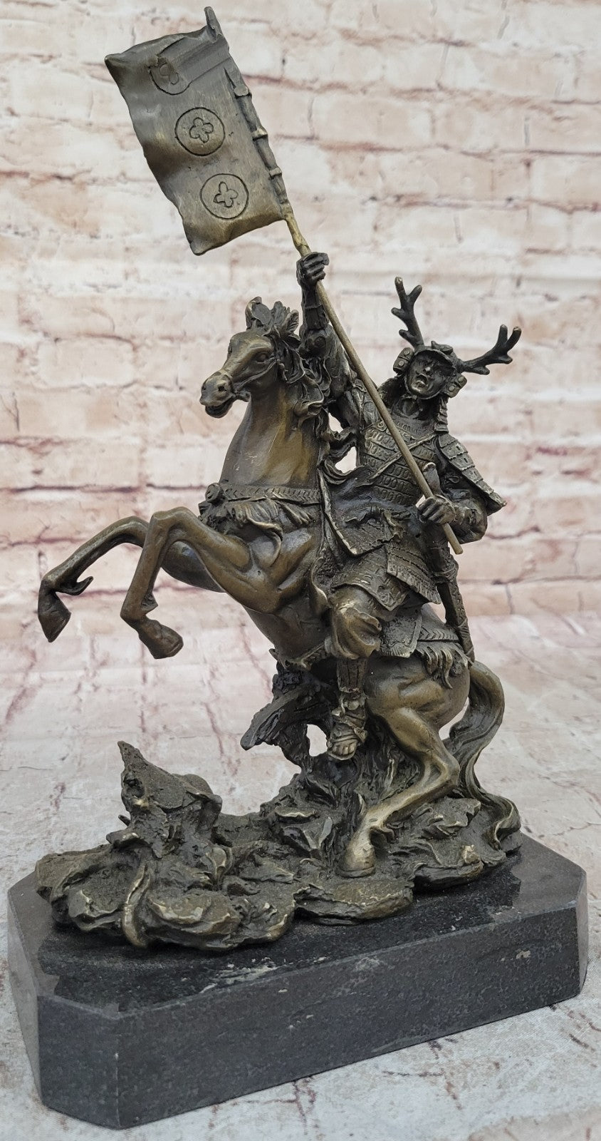 Hot Cast Viking Warrior on Horse with a Flag Bronze Sculpture Statue Figurine