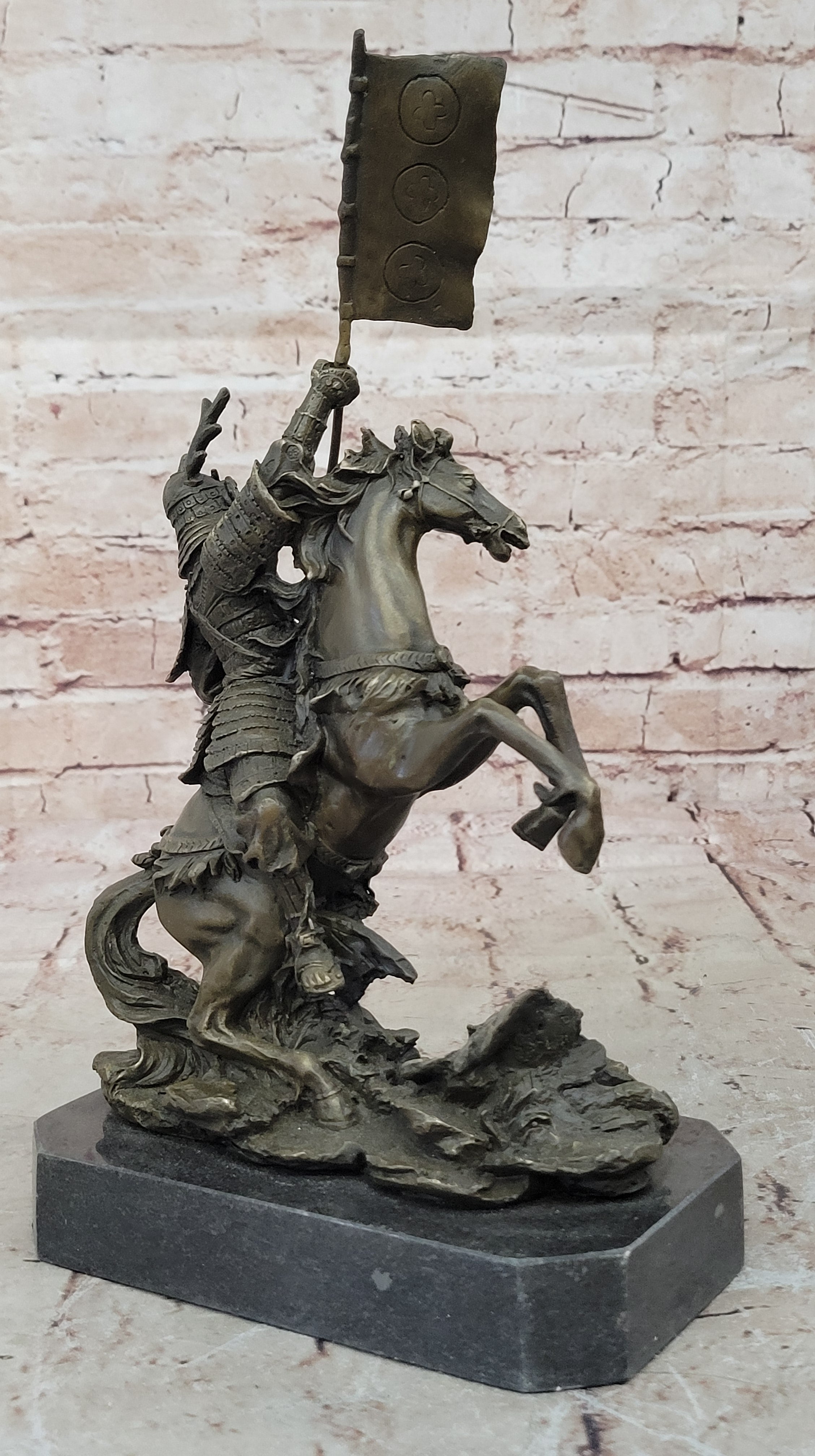 Hot Cast Viking Warrior on Horse with a Flag Bronze Sculpture Statue Figurine