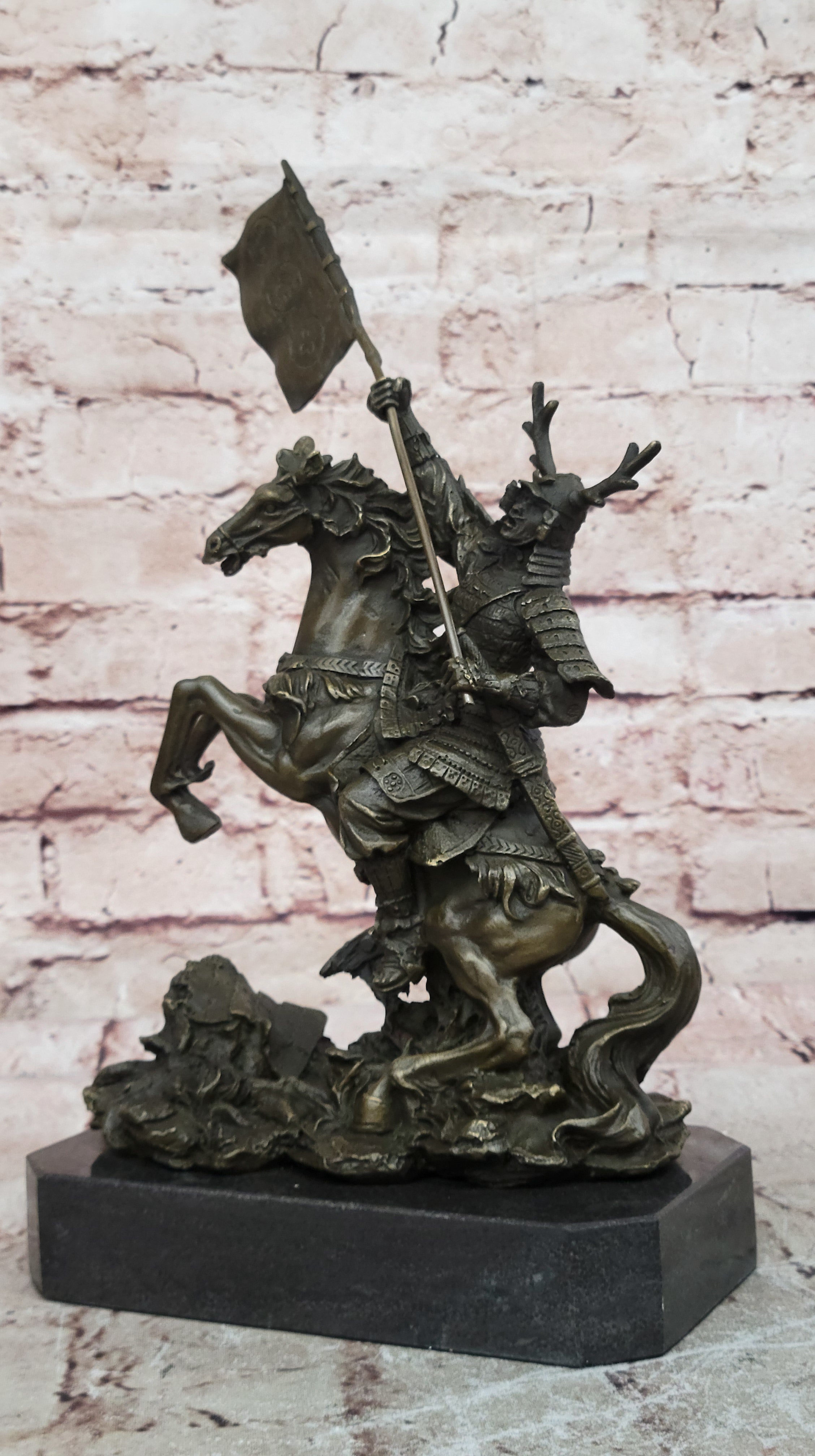 Hot Cast Viking Warrior on Horse with a Flag Bronze Sculpture Statue Figurine